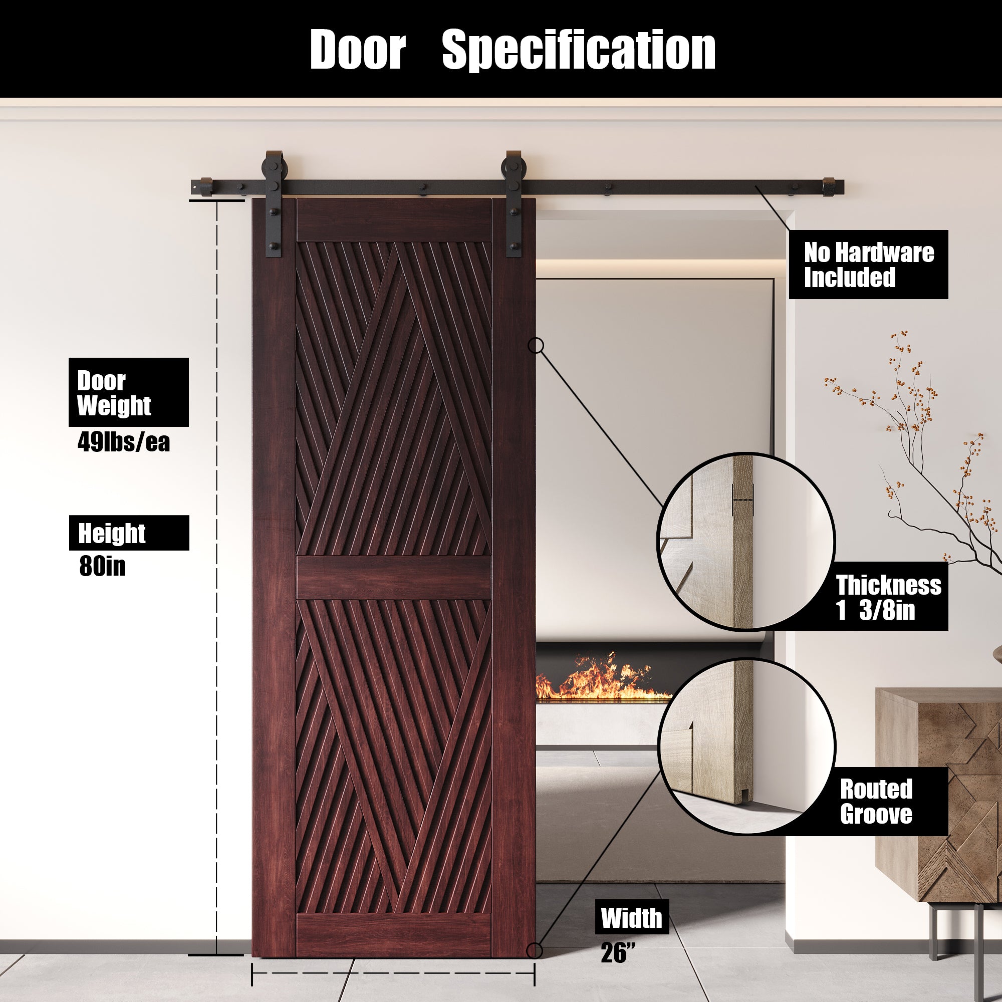 80" Height Red Mahogany Diamond Design Unassembled & Finished Pine Wood Barn Door (Interior Use Only)