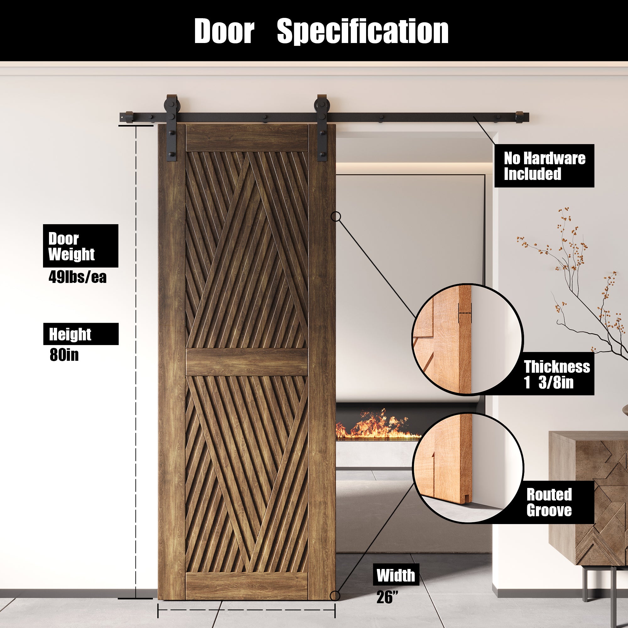 80" Height Dark Walnut Diamond Design Unassembled & Finished Pine Wood Barn Door (Interior Use Only)