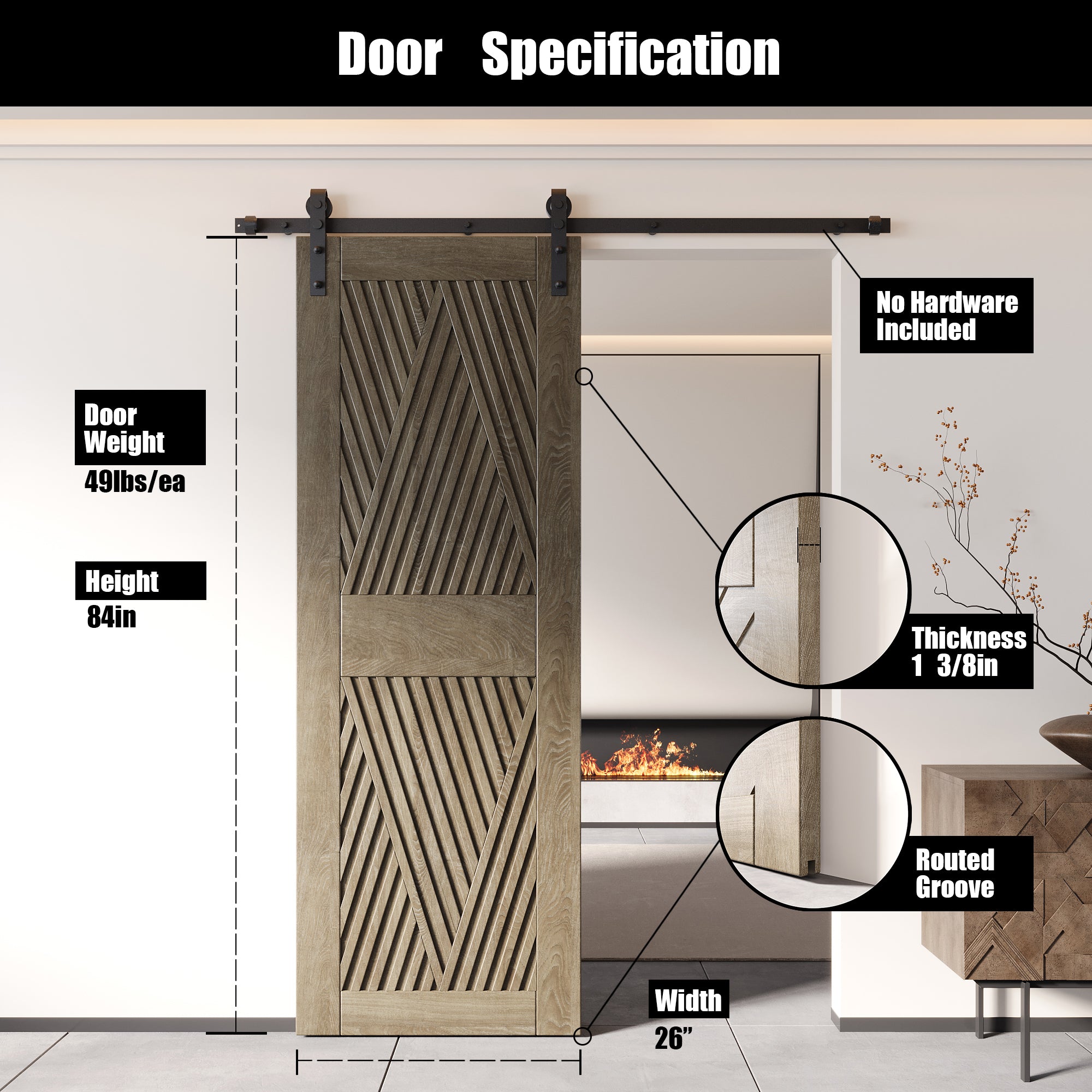 84" Height Classic Gray Diamond Design Unassembled & Finished Pine Wood Barn Door (Interior Use Only)
