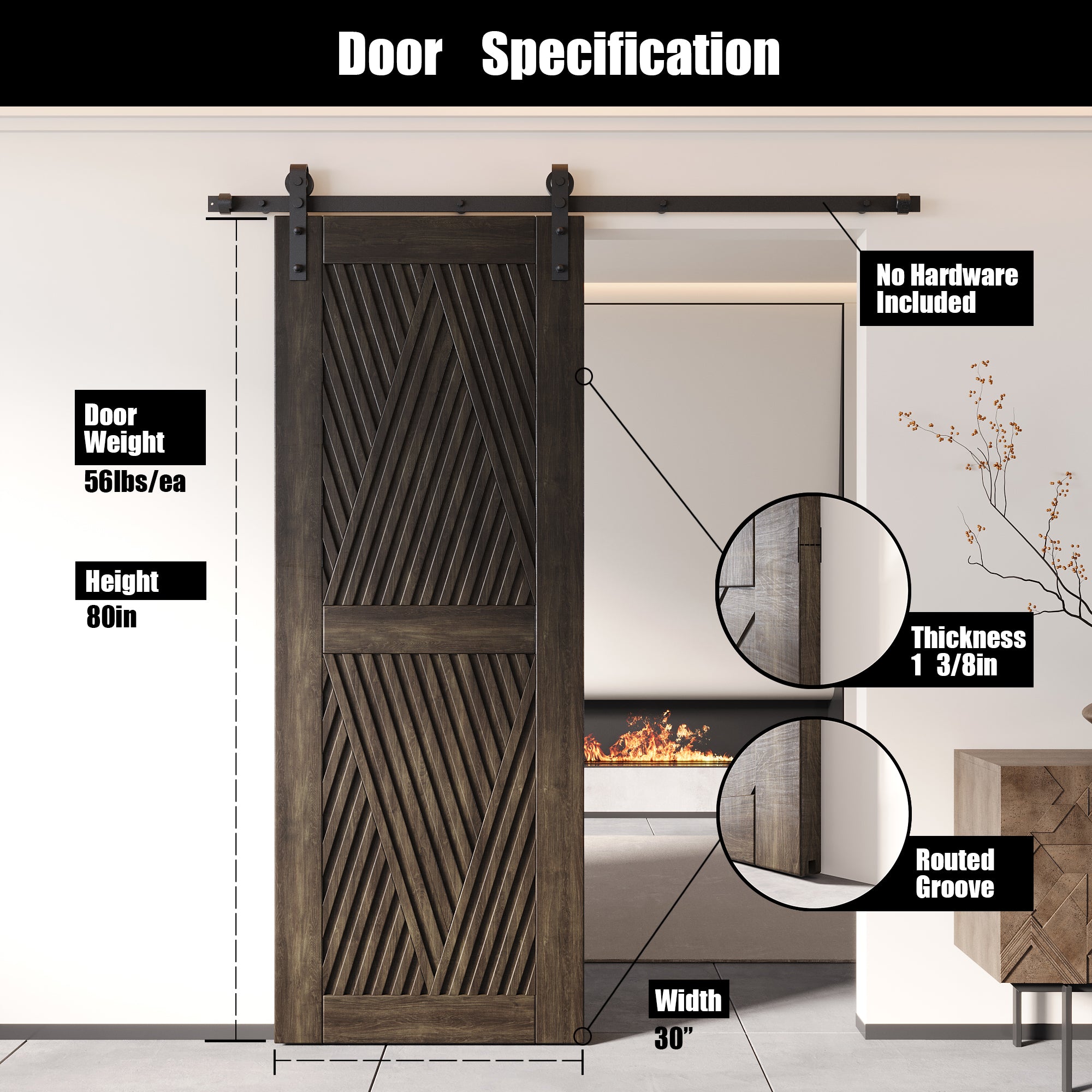 80" Height Ebony Diamond Design Unassembled & Finished Pine Wood Barn Door (Interior Use Only)
