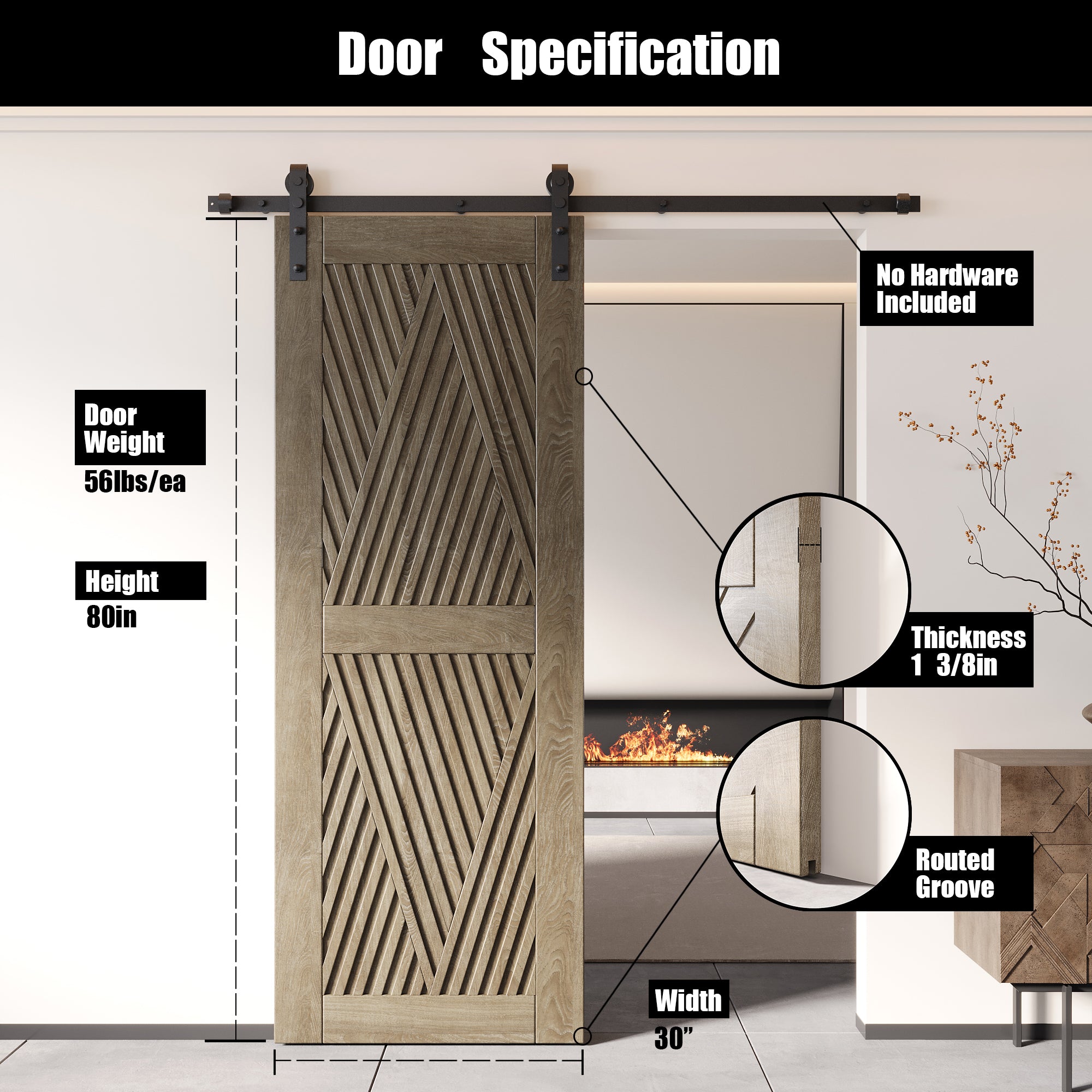 80" Height Classic Gray Diamond Design Unassembled & Finished Pine Wood Barn Door (Interior Use Only)