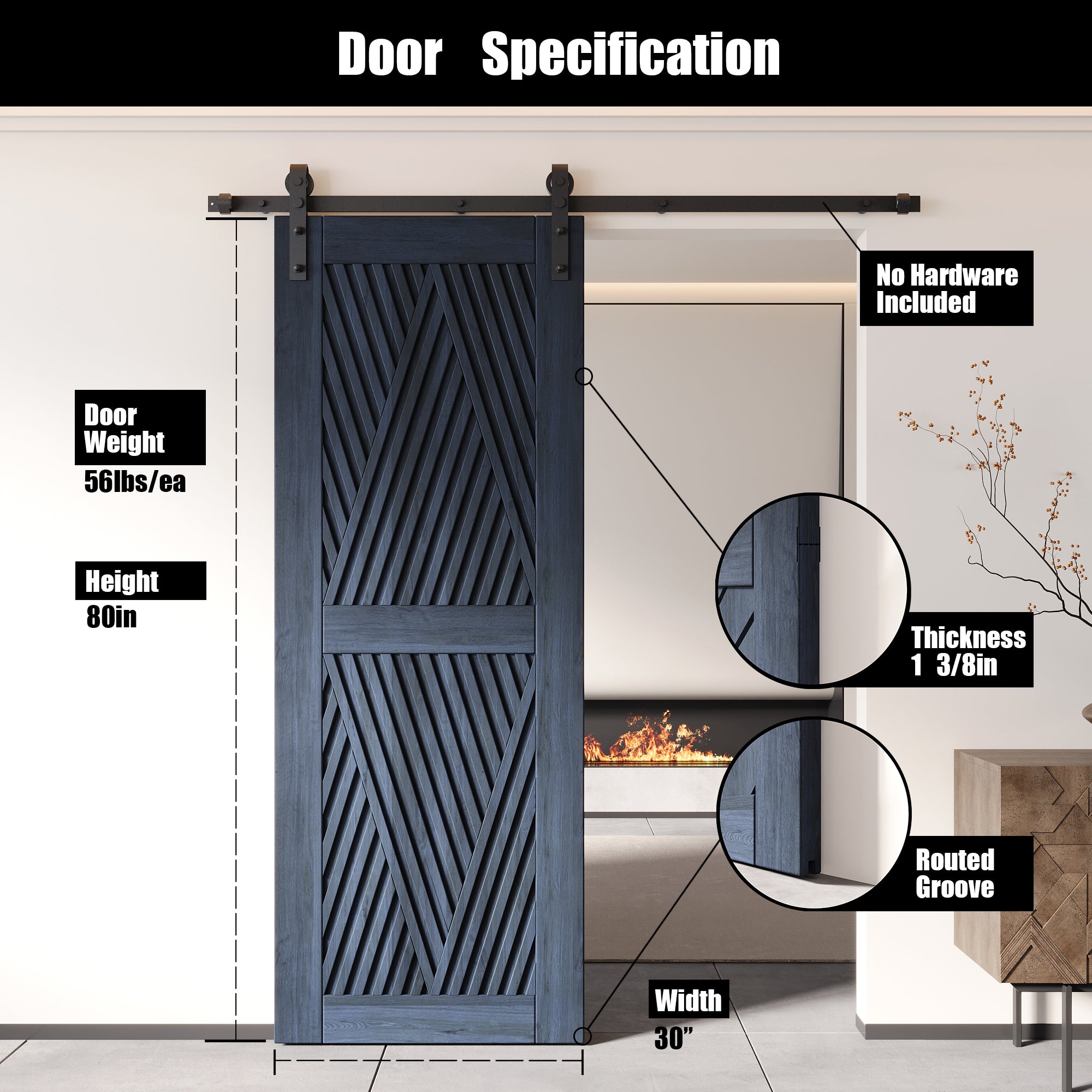 80" Height Navy Diamond Design Unassembled & Finished Pine Wood Barn Door (Interior Use Only)