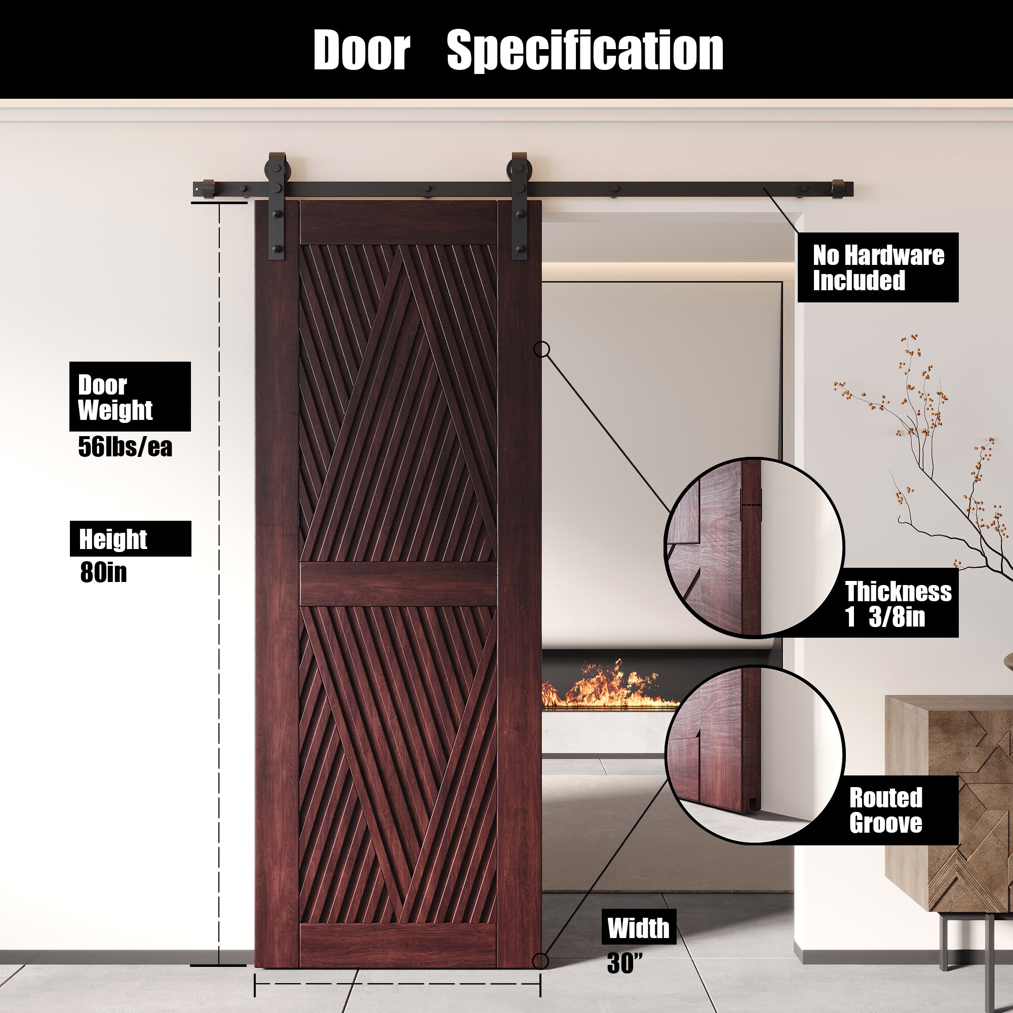 80" Height Red Mahogany Diamond Design Unassembled & Finished Pine Wood Barn Door (Interior Use Only)