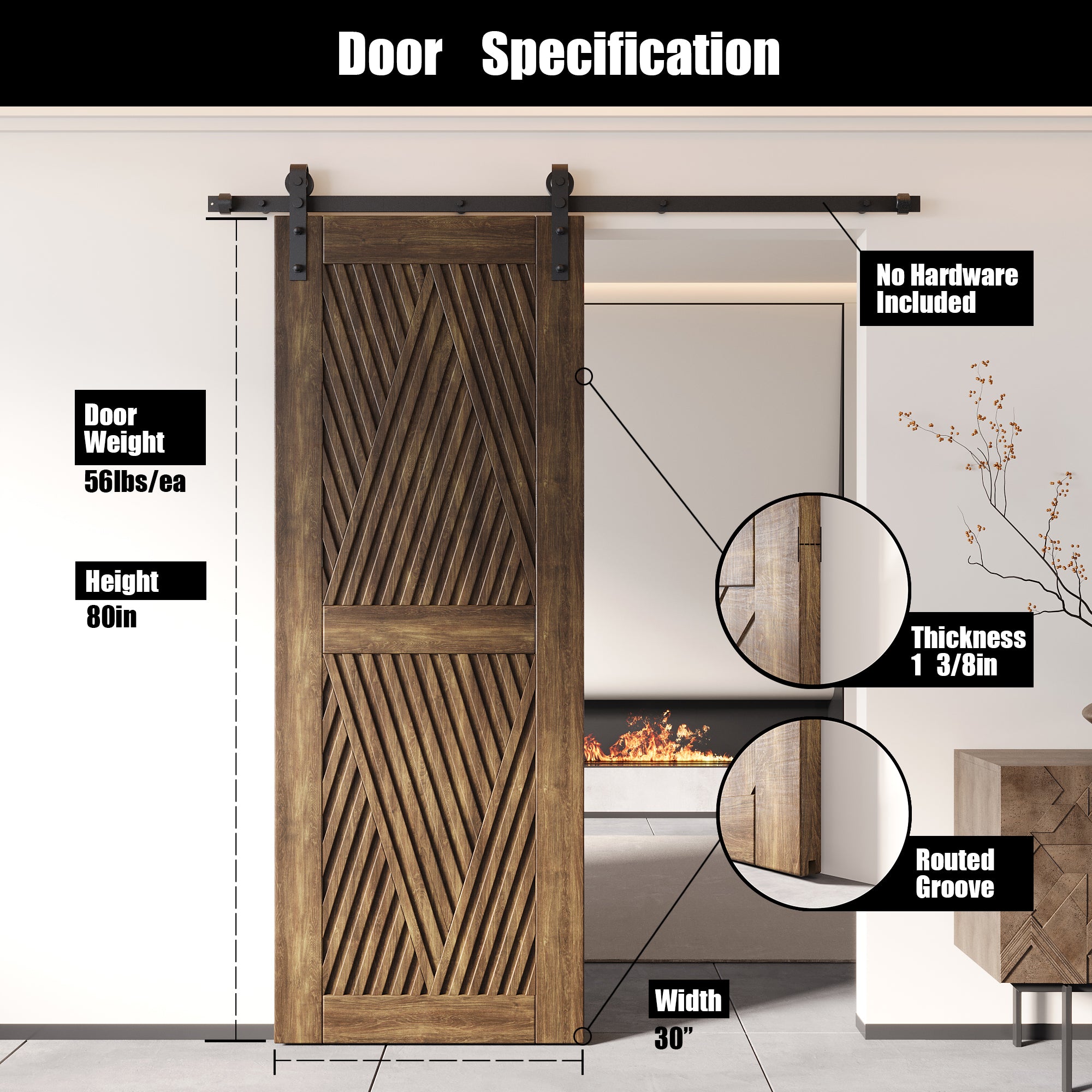 80" Height Dark Walnut Diamond Design Unassembled & Finished Pine Wood Barn Door (Interior Use Only)