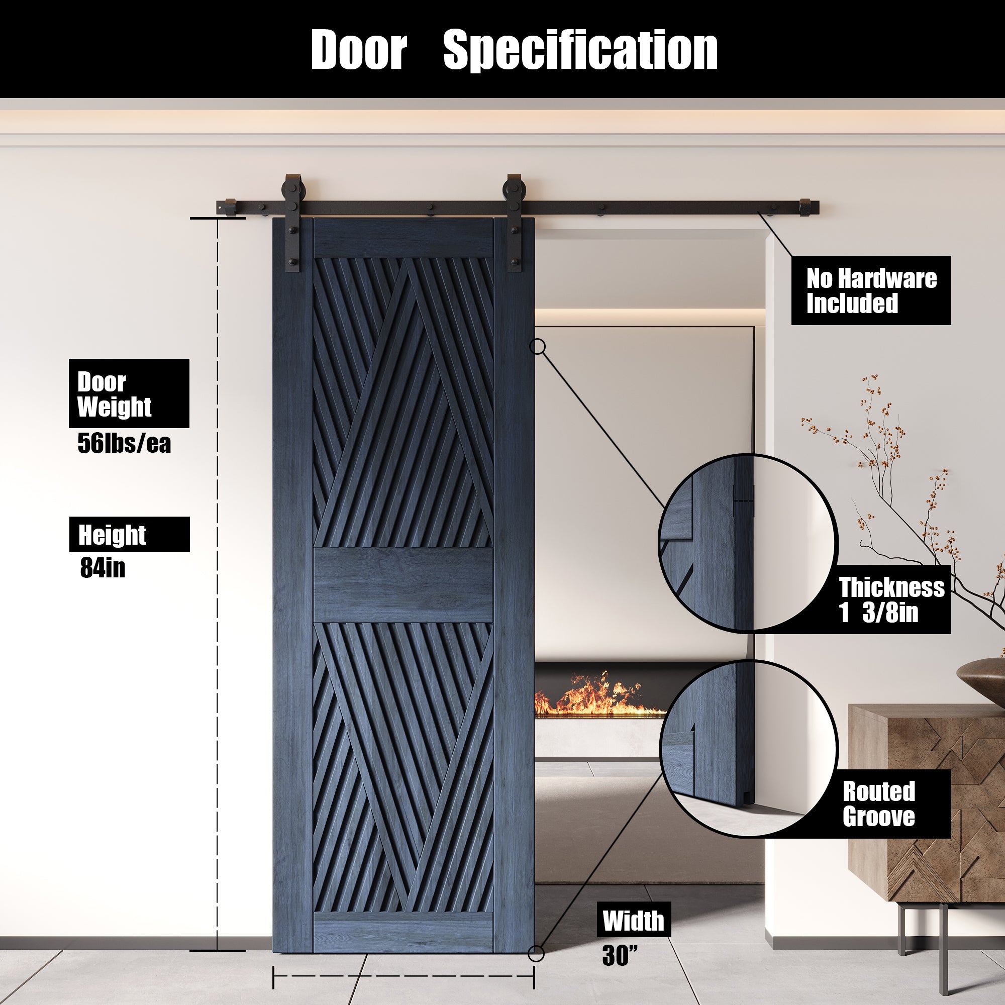 84" Height Navy Diamond Design Unassembled & Finished Pine Wood Barn Door (Interior Use Only)