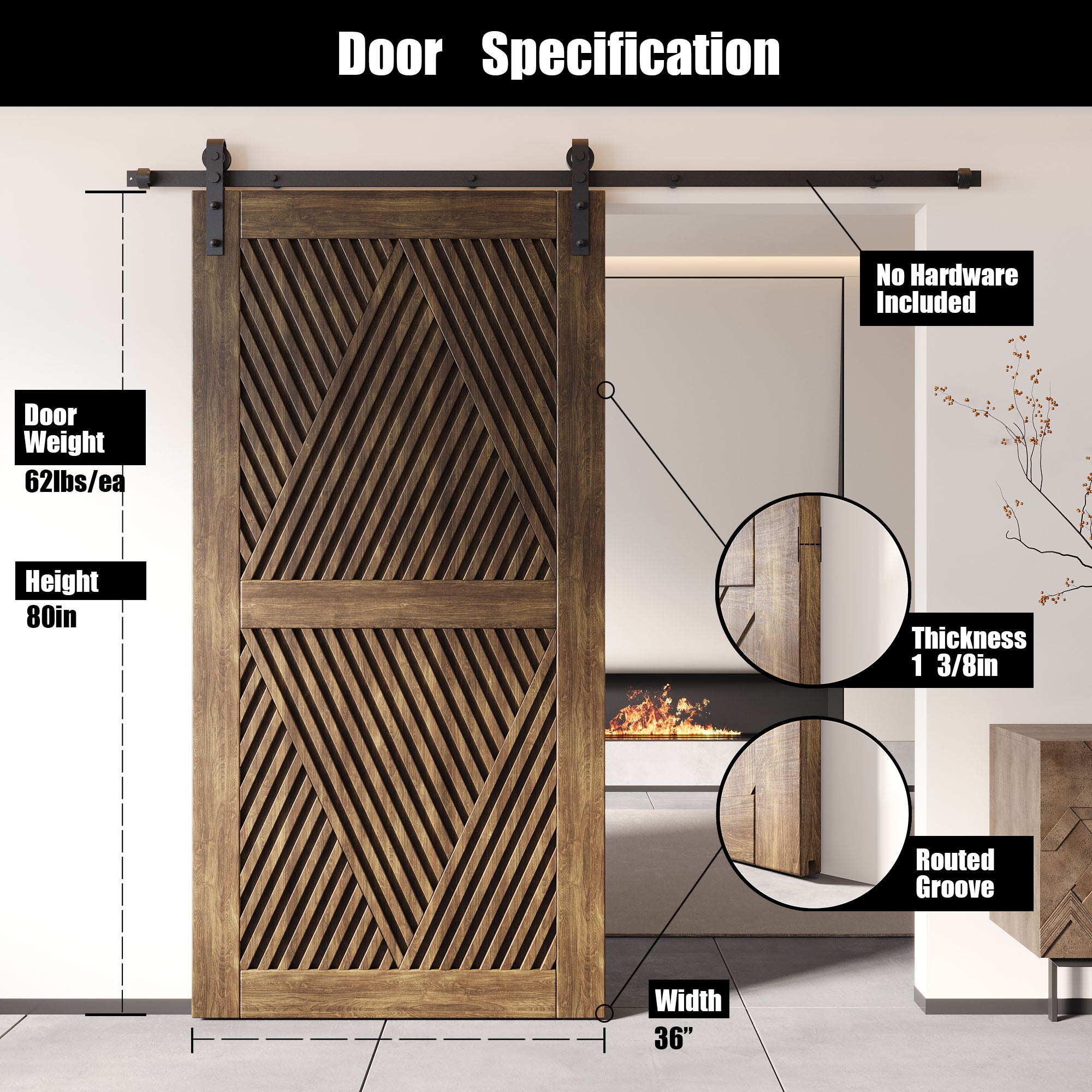 80" Height Dark Walnut Diamond Design Unassembled & Finished Pine Wood Barn Door (Interior Use Only)
