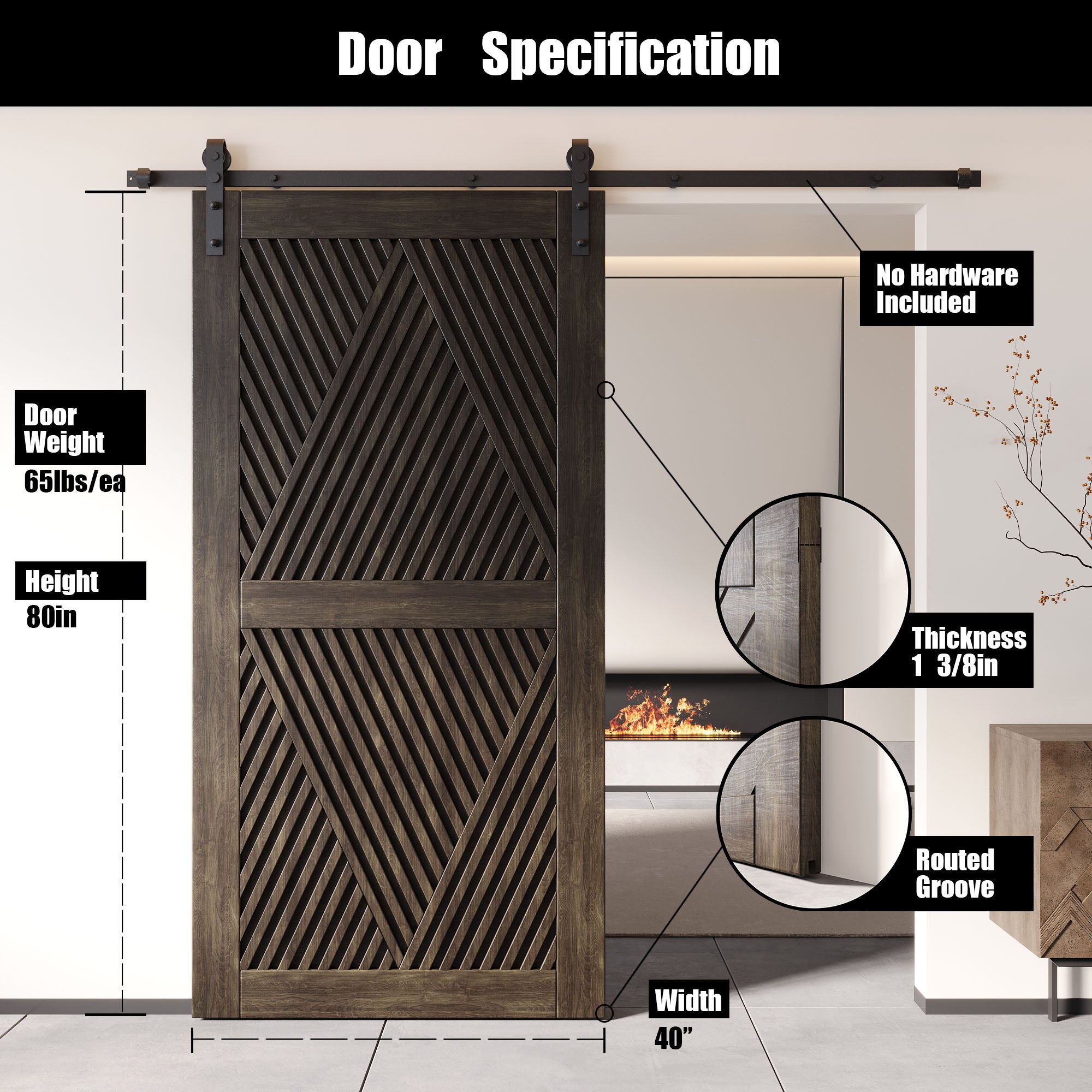 80" Height Ebony Diamond Design Unassembled & Finished Pine Wood Barn Door (Interior Use Only)