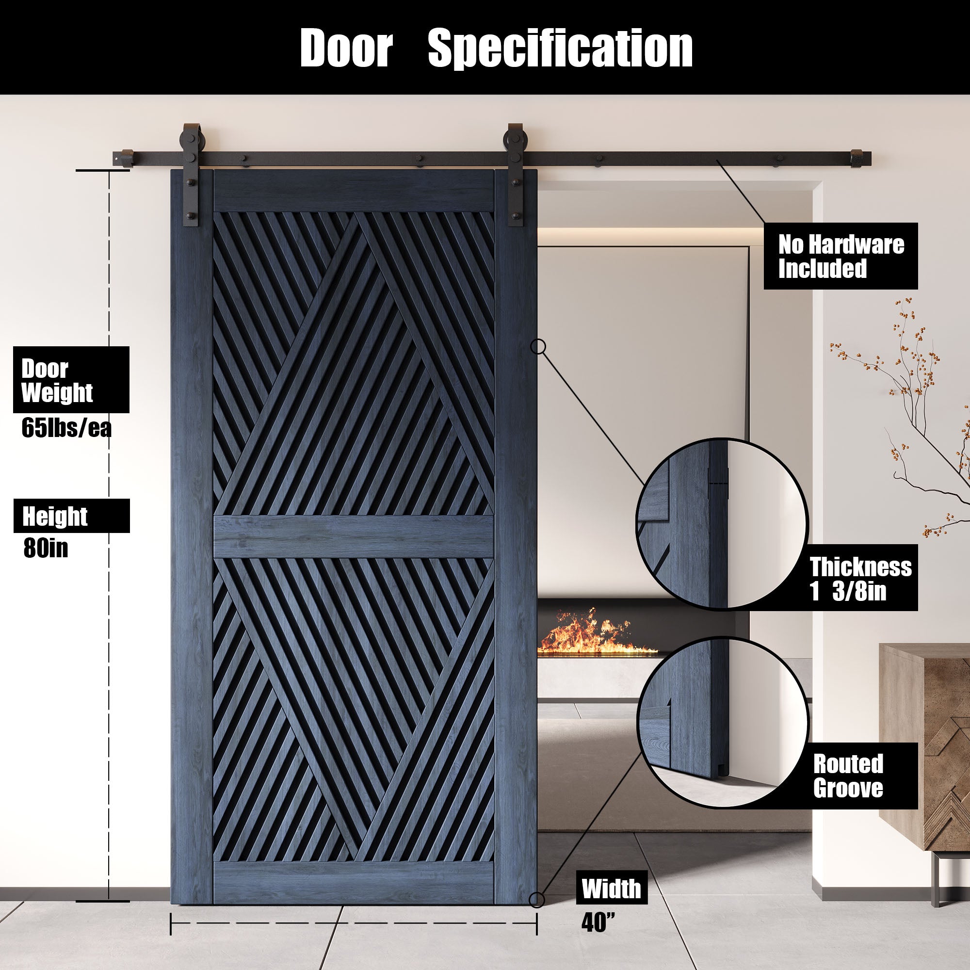 80" Height Navy Diamond Design Unassembled & Finished Pine Wood Barn Door (Interior Use Only)