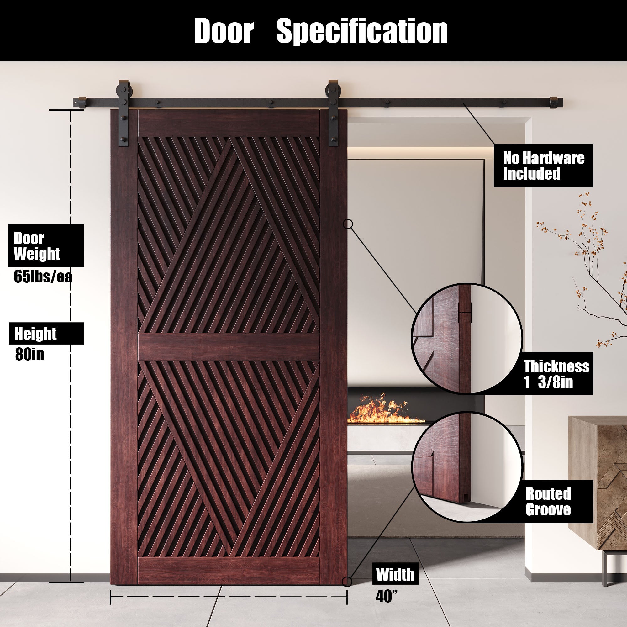 80" Height Red Mahogany Diamond Design Unassembled & Finished Pine Wood Barn Door (Interior Use Only)