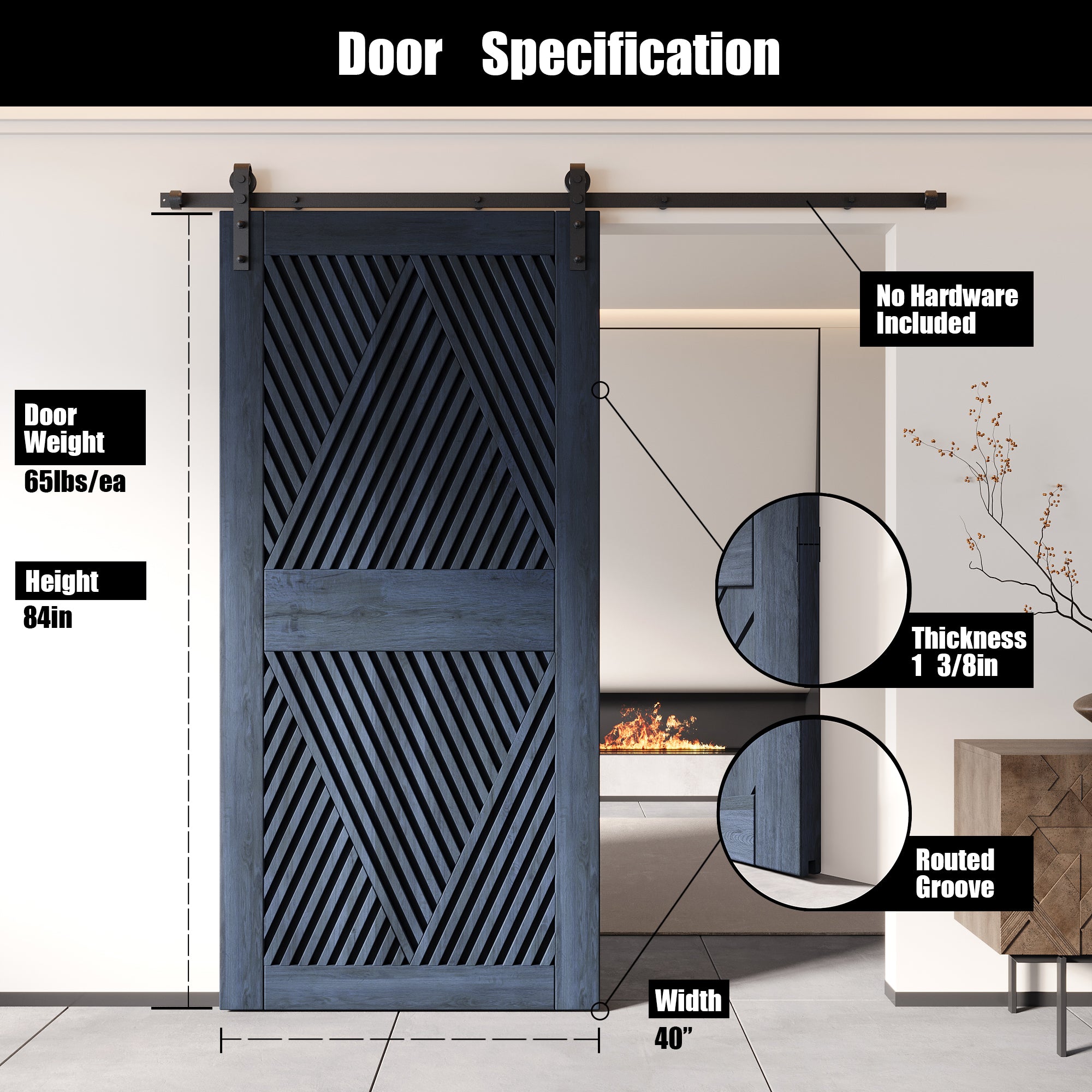 84" Height Navy Diamond Design Unassembled & Finished Pine Wood Barn Door (Interior Use Only)