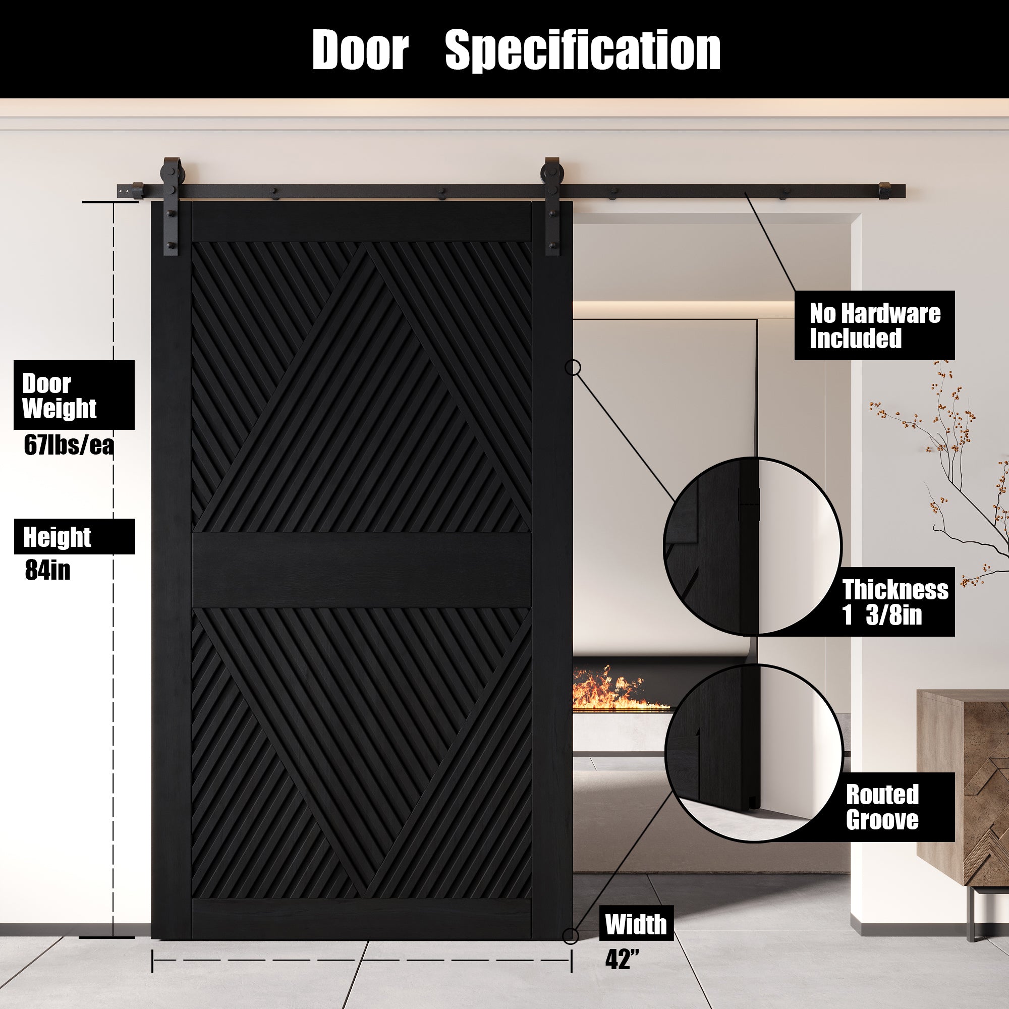 84" Height Black Diamond Design Unassembled & Finished Pine Wood Barn Door (Interior Use Only)