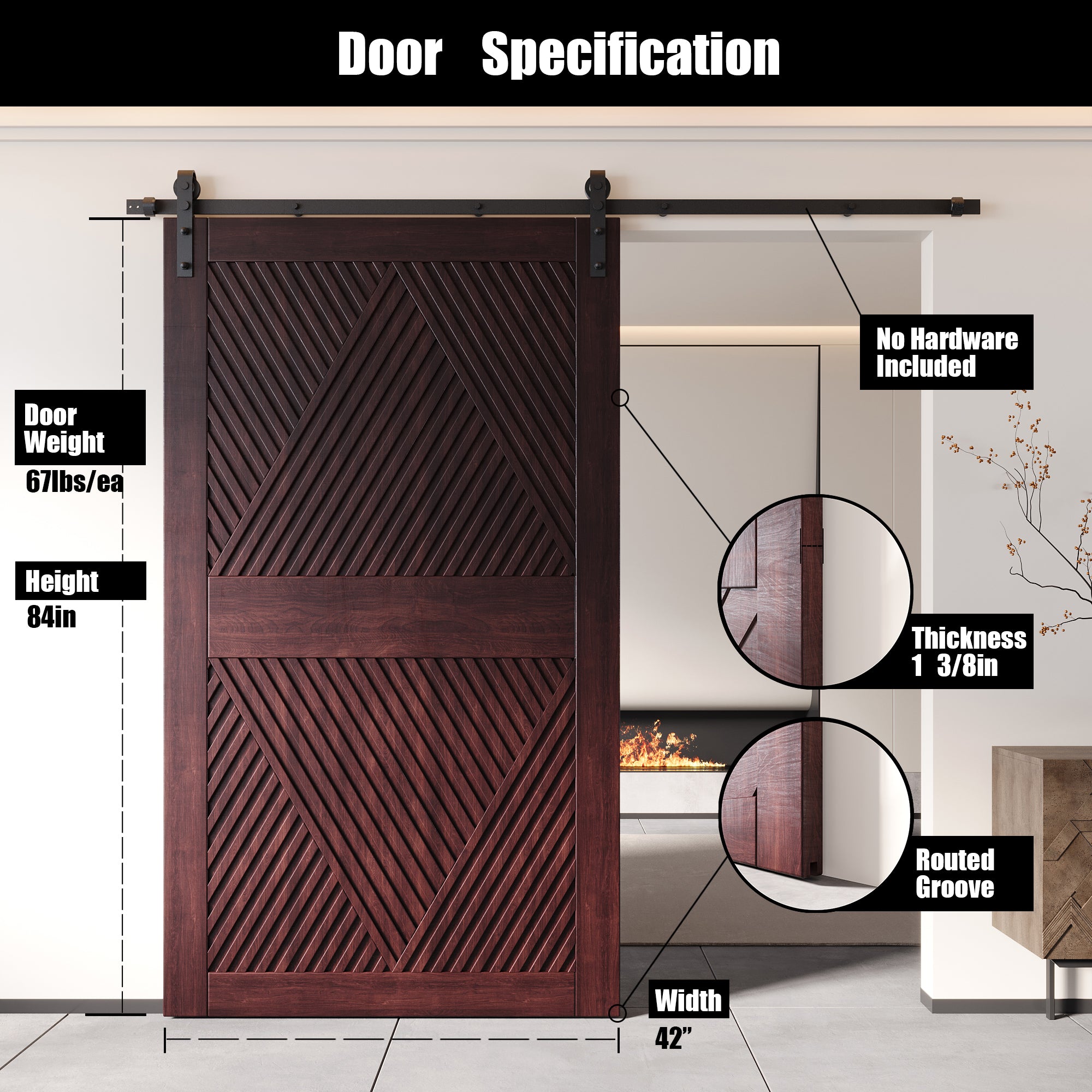 84" Height Red Mahogany Diamond Design Unassembled & Finished Pine Wood Barn Door (Interior Use Only)