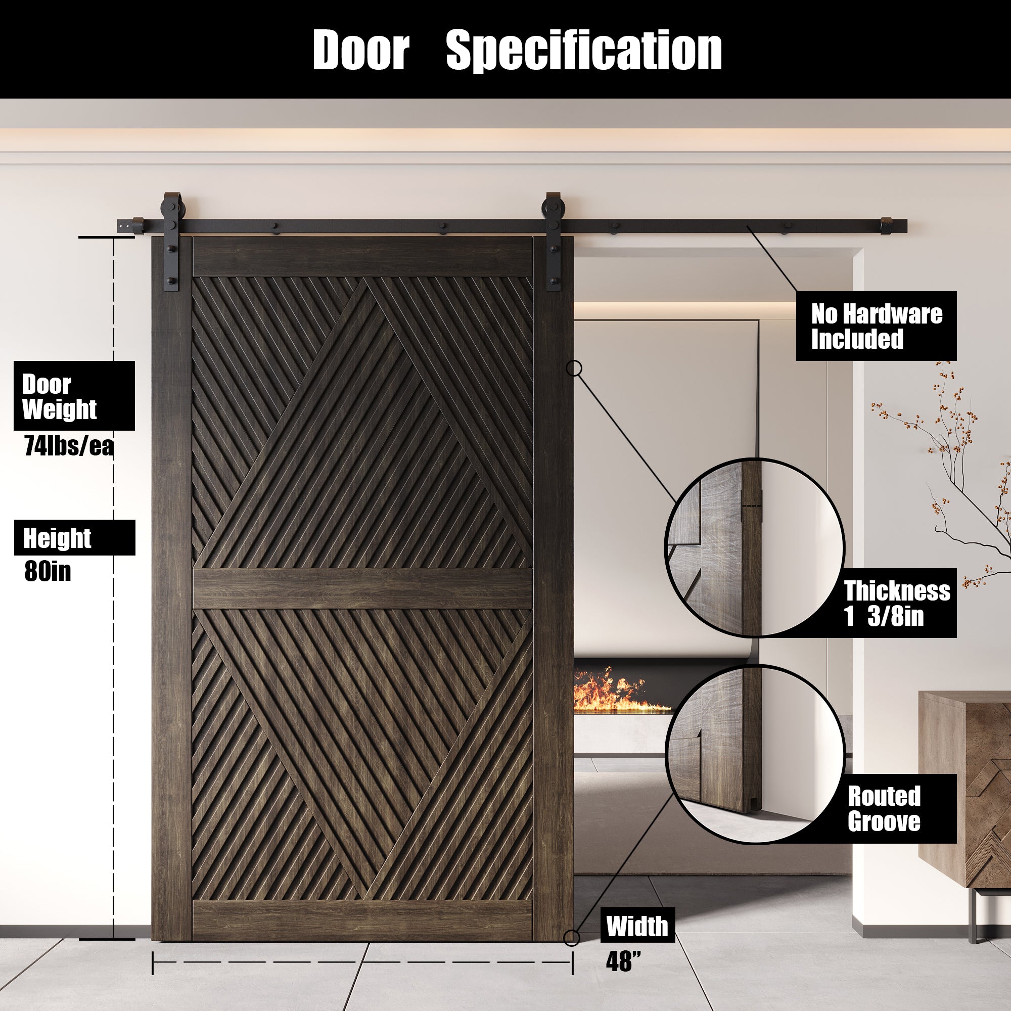 80" Height Ebony Diamond Design Unassembled & Finished Pine Wood Barn Door (Interior Use Only)