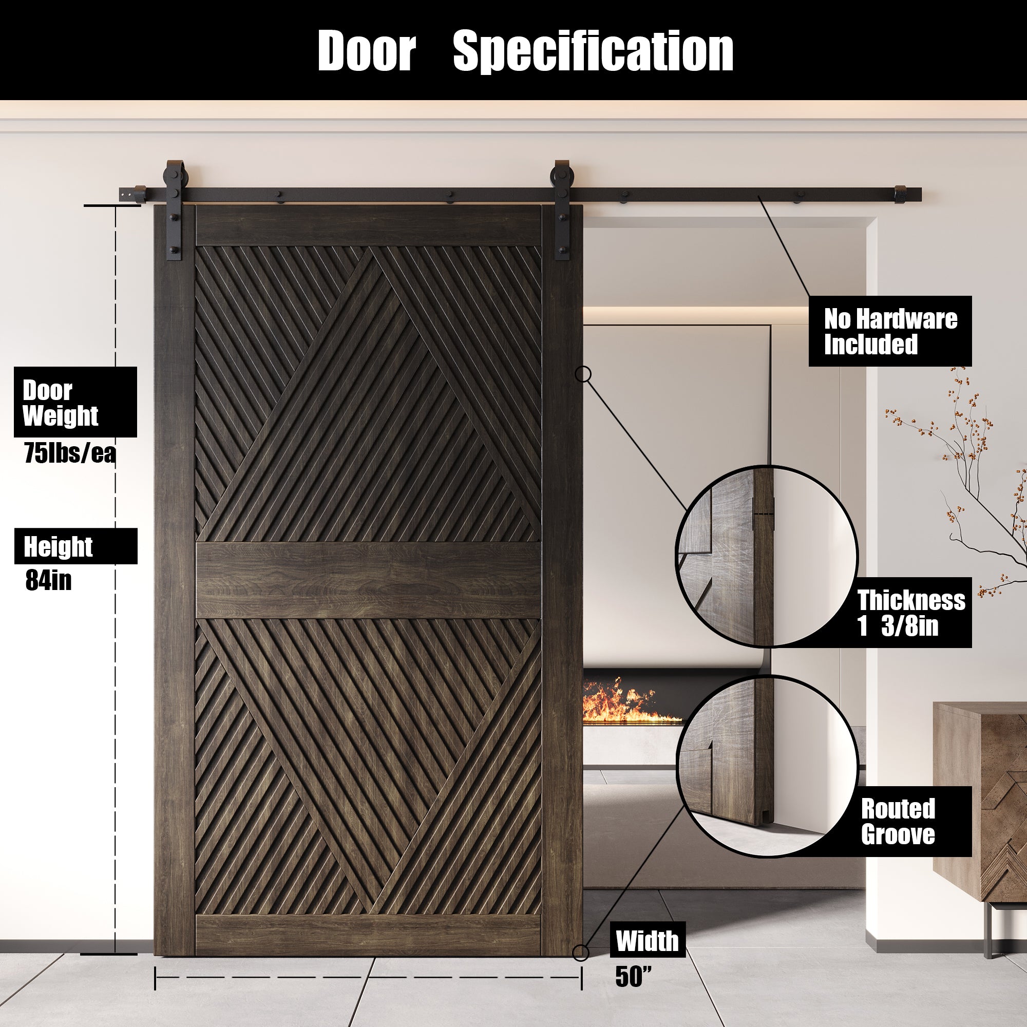 84" Height Ebony Diamond Design Unassembled & Finished Pine Wood Barn Door (Interior Use Only)
