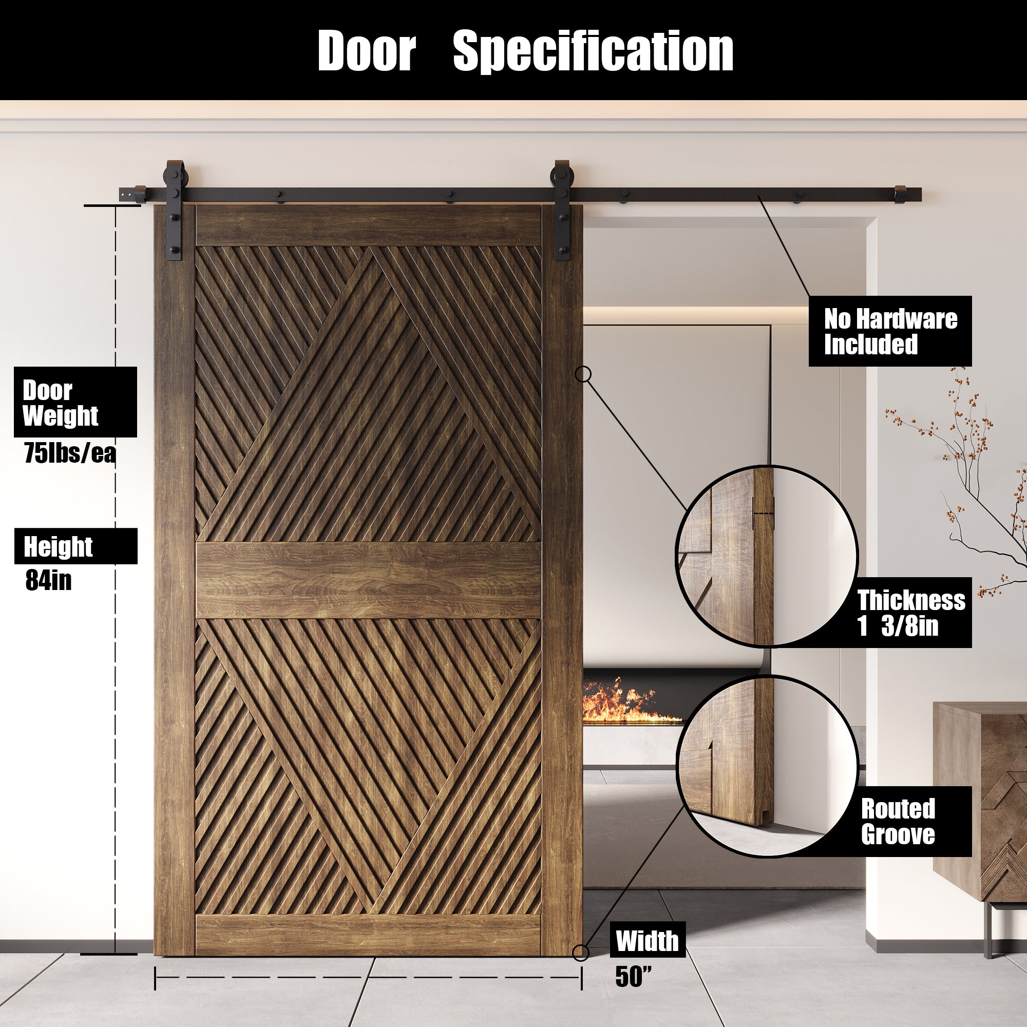 84" Height Dark Walnut Diamond Design Unassembled & Finished Pine Wood Barn Door (Interior Use Only)