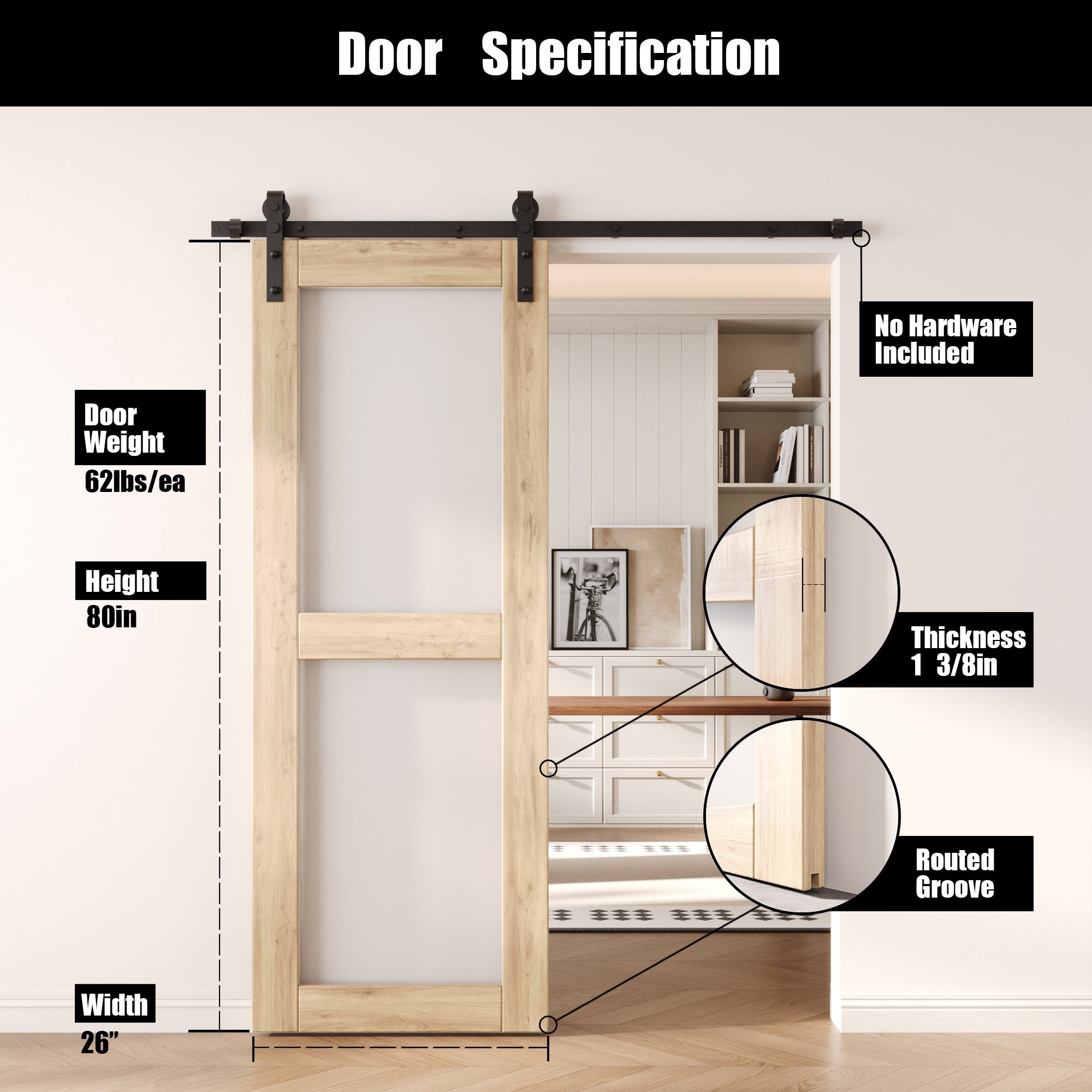 80" Height 2-Lite Frosted Glass Unassembled & Unfinished Pine Wood Barn Door (Interior Use Only)
