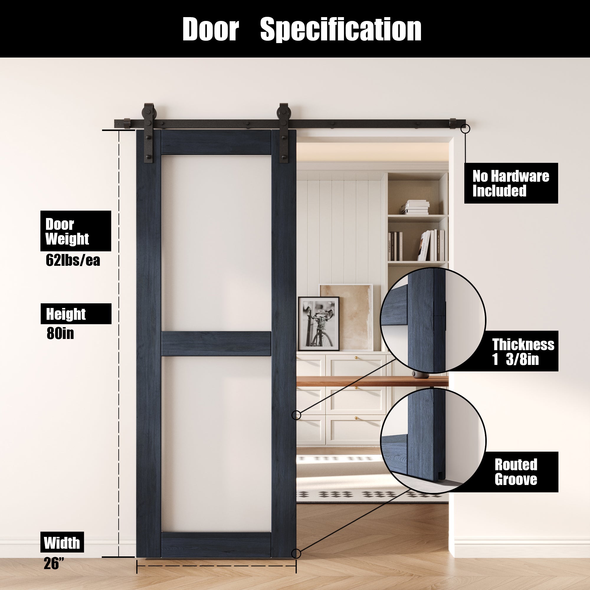 80" Height Navy 2-Lite Frosted Glass Unassembled & Finished Pine Wood Barn Door (Interior Use Only)