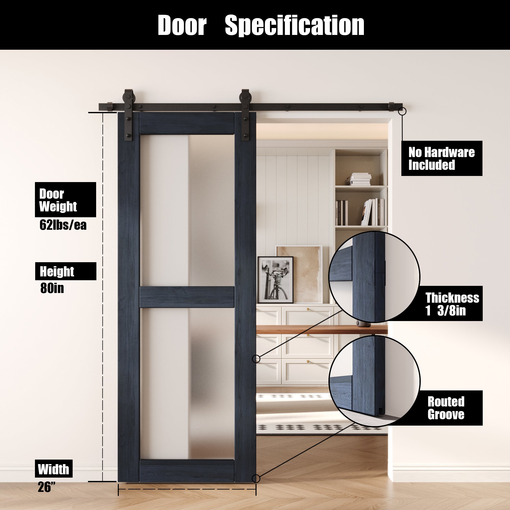 80" Height Navy 2-Lite Frosted Glass Unassembled & Finished Pine Wood Barn Door (Interior Use Only)