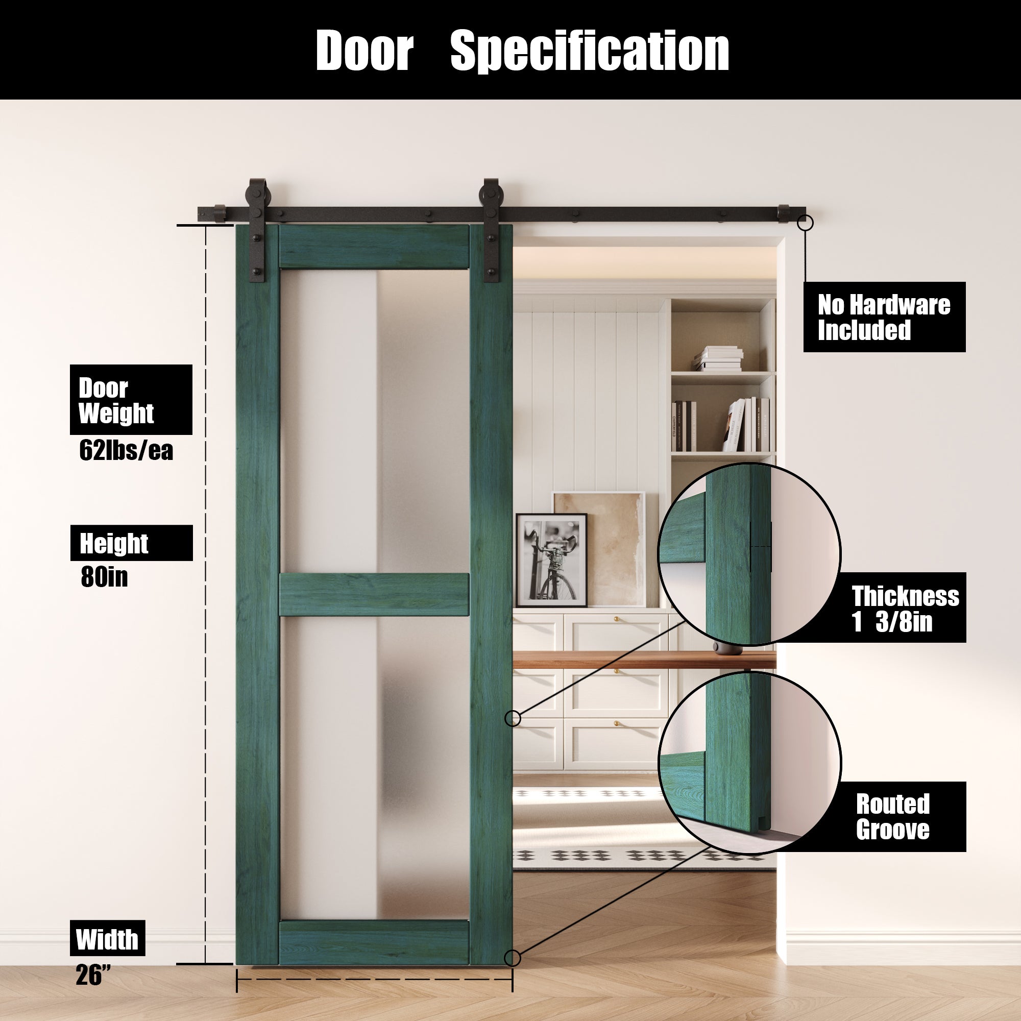 80" Height Royal Pine 2-Lite Frosted Glass Unassembled & Finished Pine Wood Barn Door (Interior Use Only)