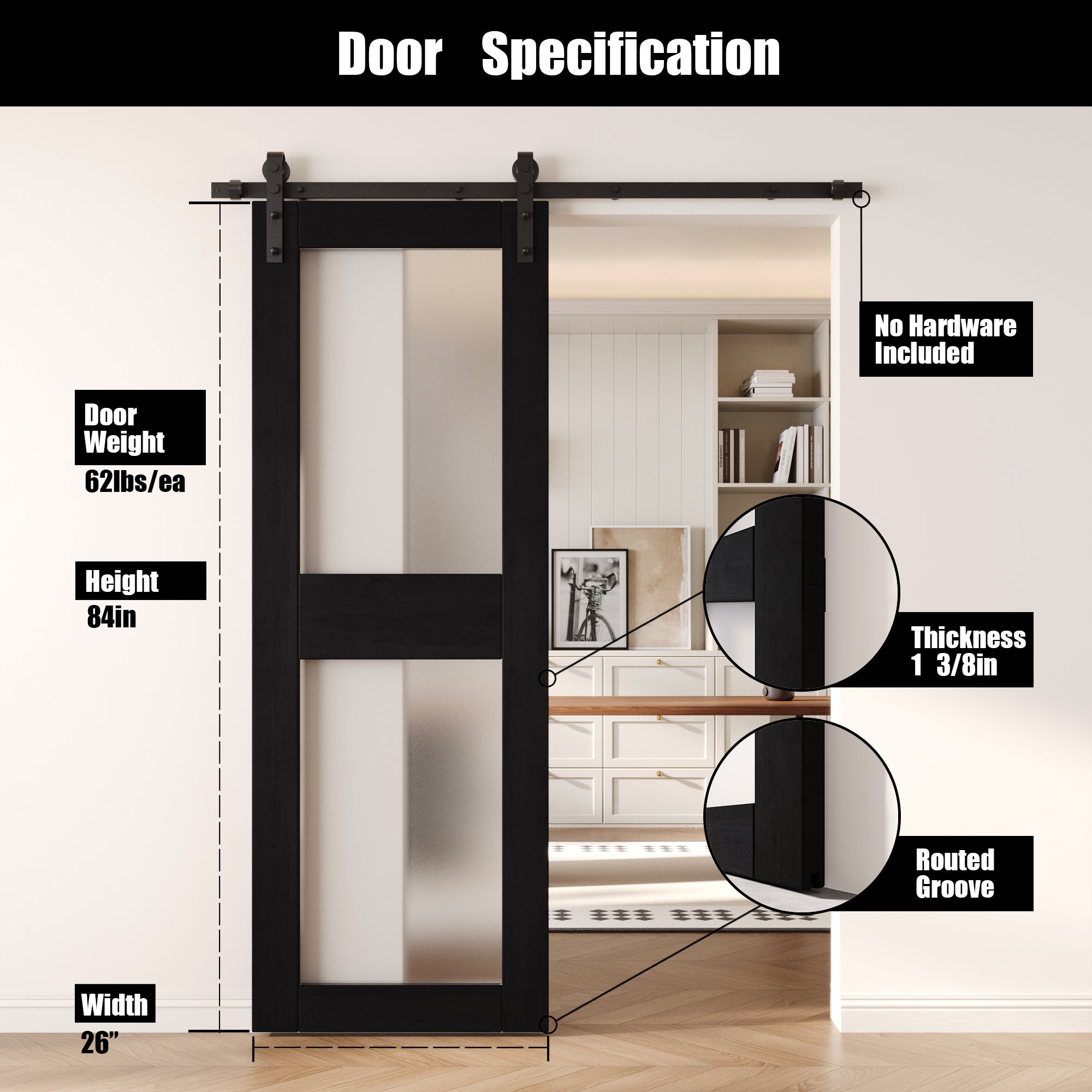 84" Height Black 2-Lite Frosted Glass Unassembled & Finished Pine Wood Barn Door (Interior Use Only)