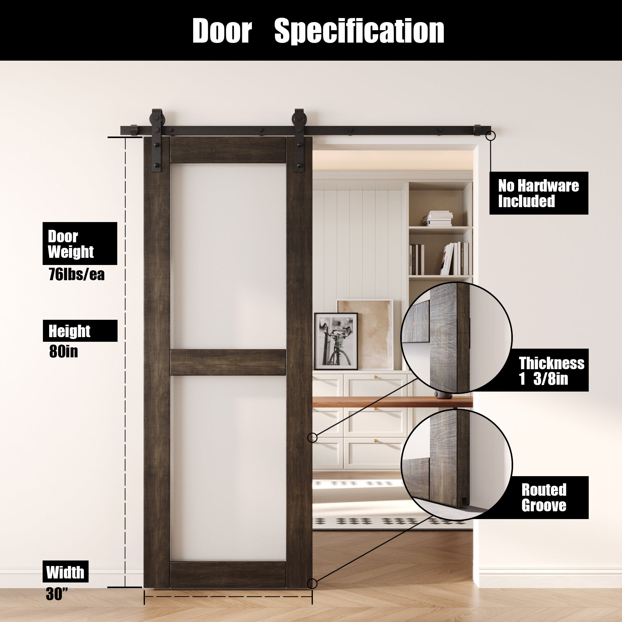 80" Height Ebony 2-Lite Frosted Glass Unassembled & Finished Pine Wood Barn Door (Interior Use Only)