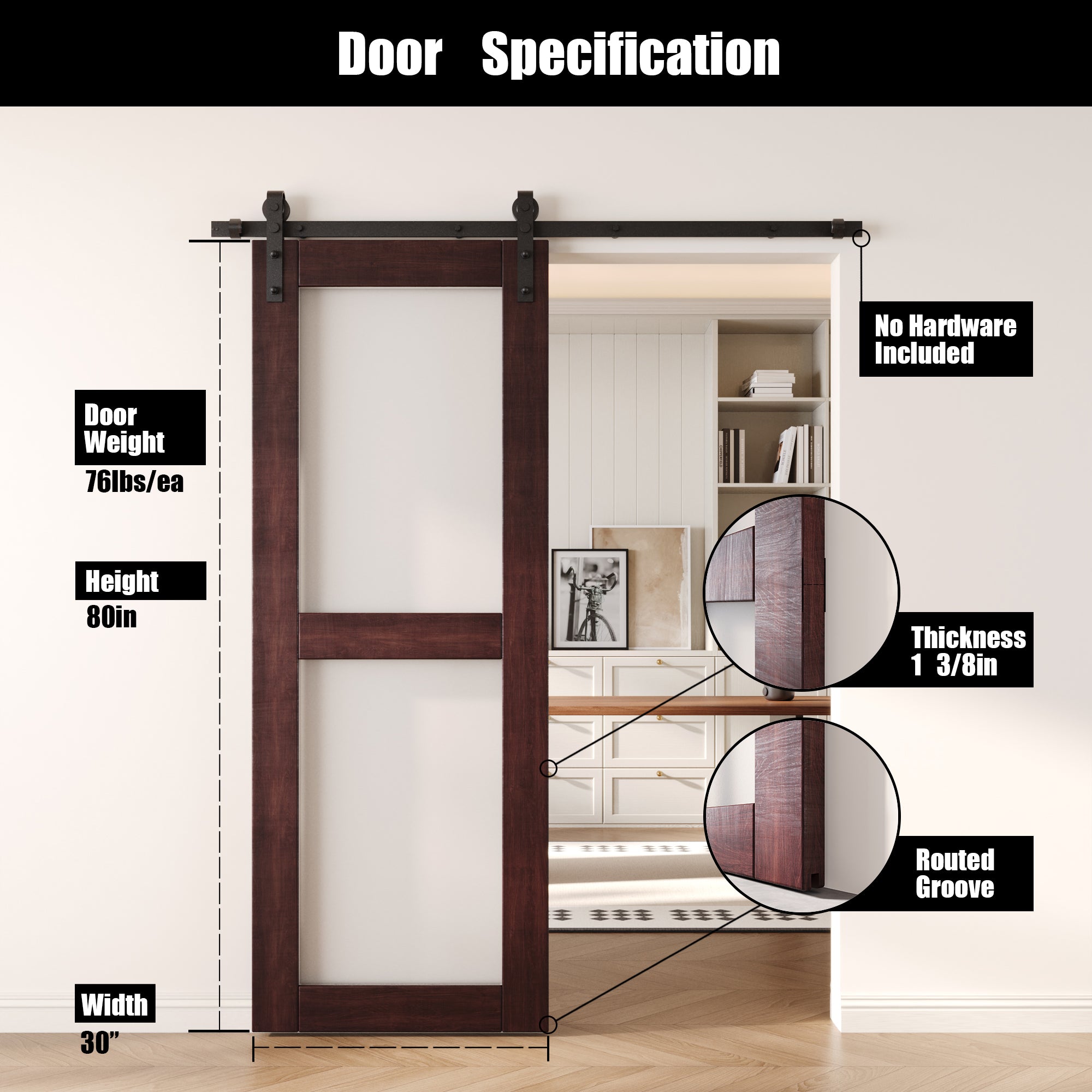 80" Height Red Mahogany 2-Lite Frosted Glass Unassembled & Finished Pine Wood Barn Door (Interior Use Only)