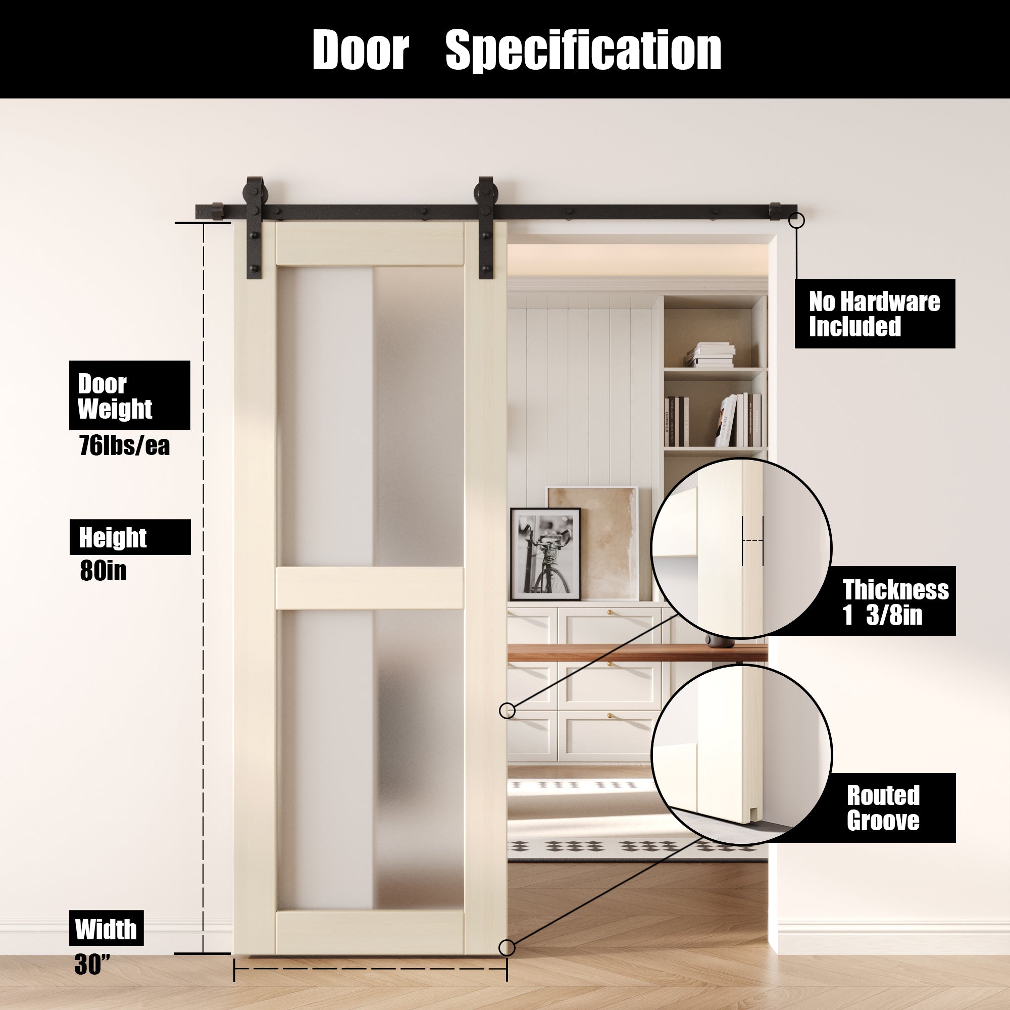 80" Height Tinsmith Gray 2-Lite Frosted Glass Unassembled & Finished Pine Wood Barn Door (Interior Use Only)