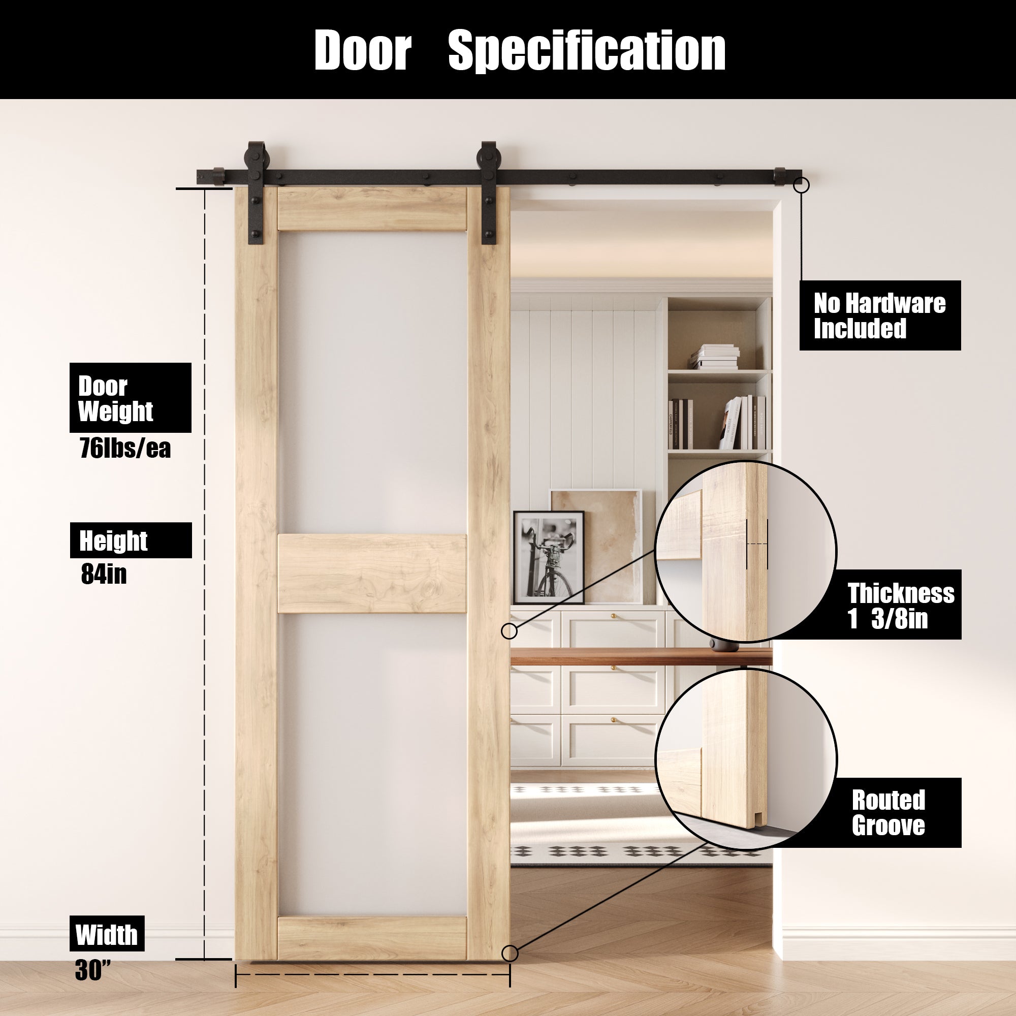 84" Height 2-Lite Frosted Glass Unassembled & Unfinished Pine Wood Barn Door (Interior Use Only)