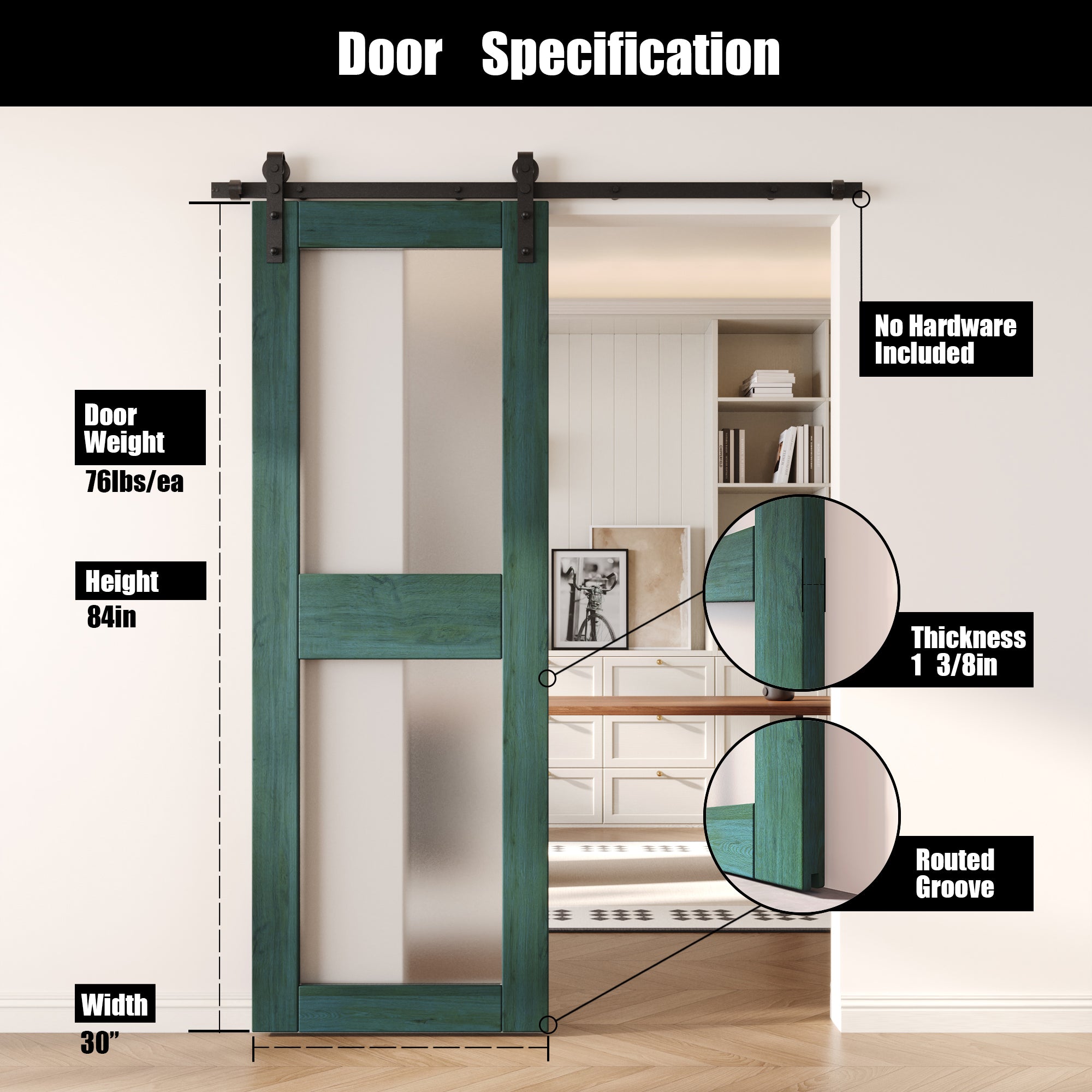 84" Height Royal Pine 2-Lite Frosted Glass Unassembled & Finished Pine Wood Barn Door (Interior Use Only)