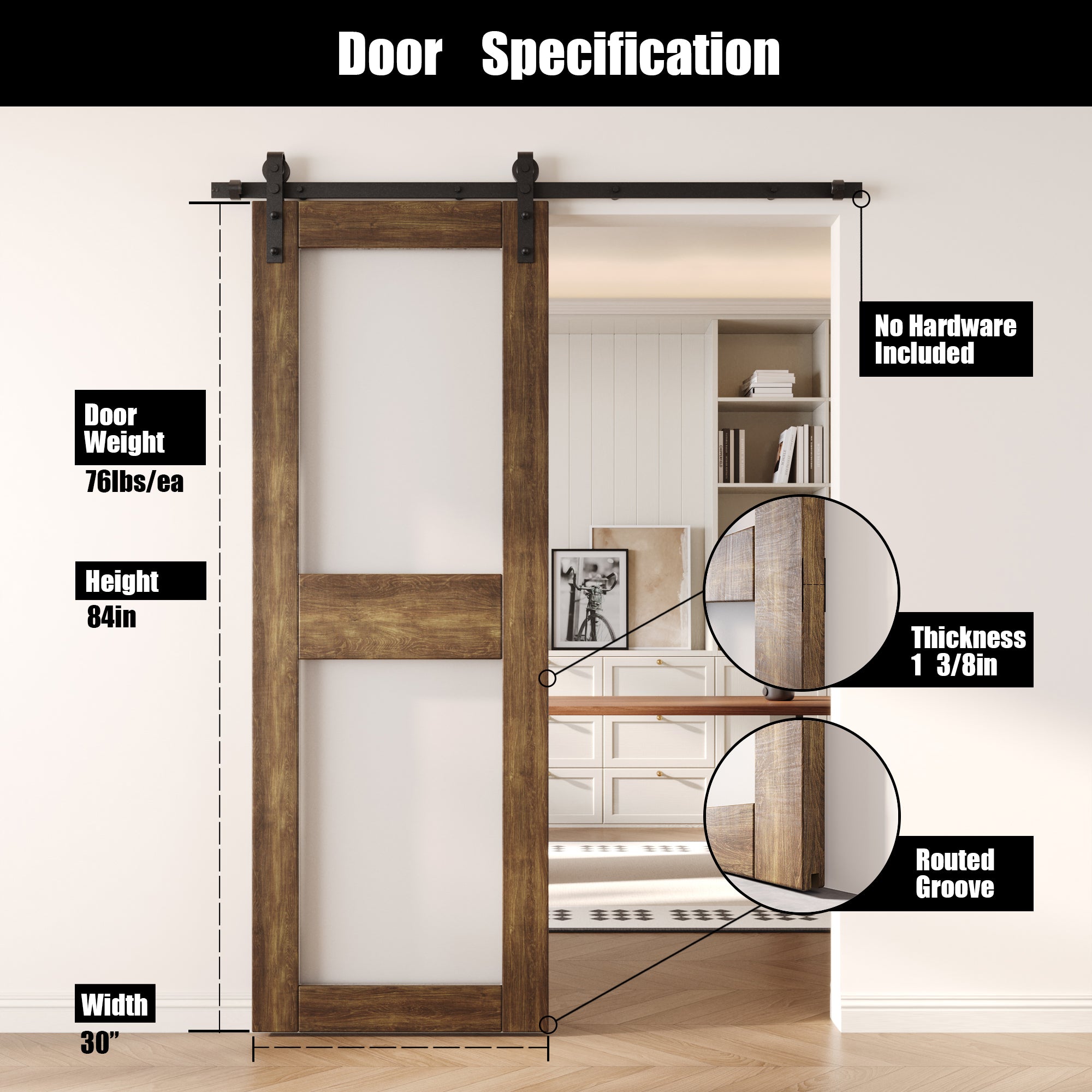 84" Height Dark Walnut 2-Lite Frosted Glass Unassembled & Finished Pine Wood Barn Door (Interior Use Only)