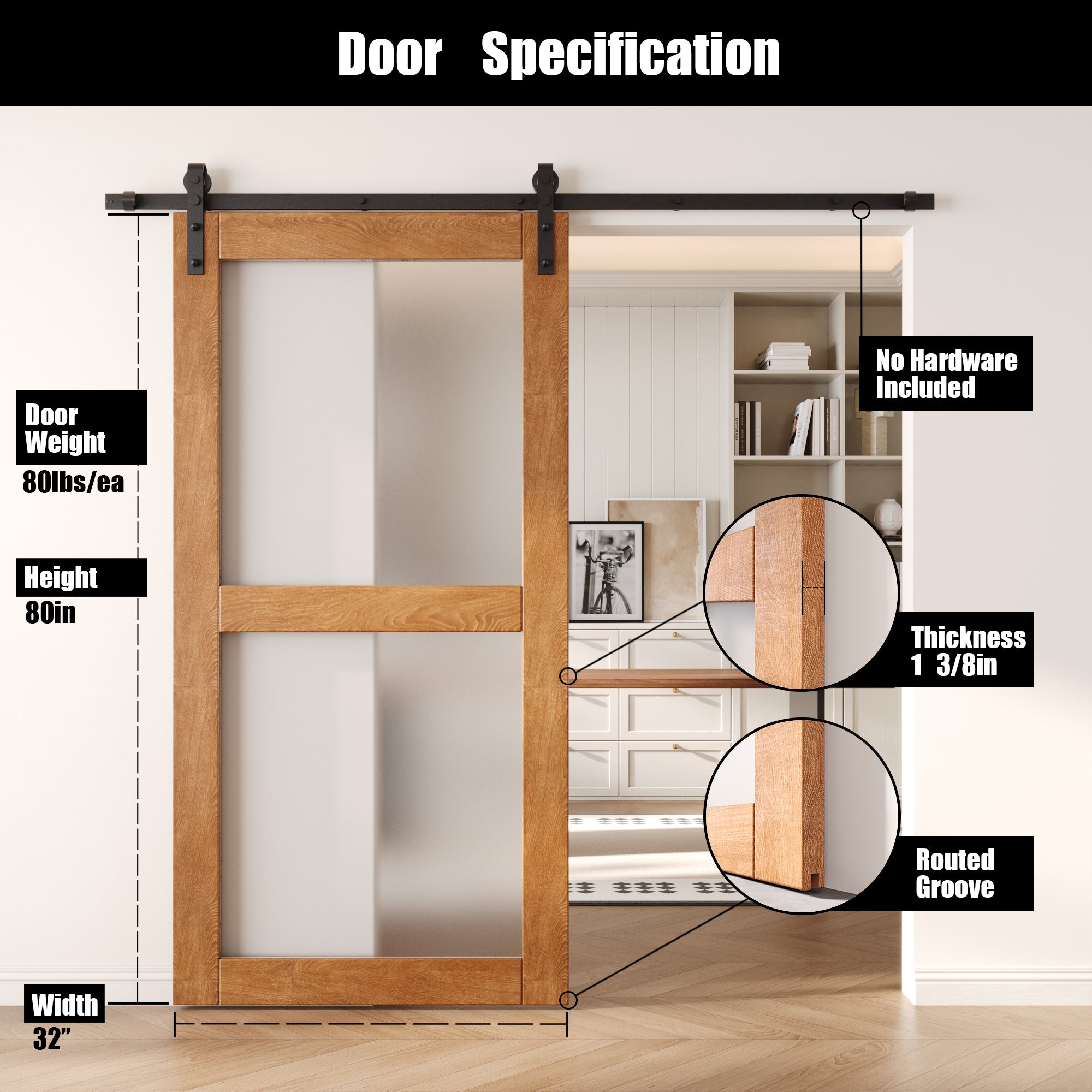 80" Height Early American 2-Lite Frosted Glass Unassembled & Finished Pine Wood Barn Door (Interior Use Only)
