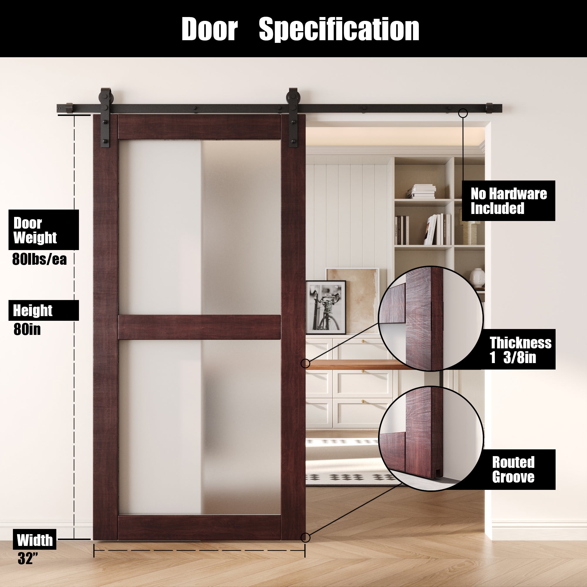80" Height Red Mahogany 2-Lite Frosted Glass Unassembled & Finished Pine Wood Barn Door (Interior Use Only)