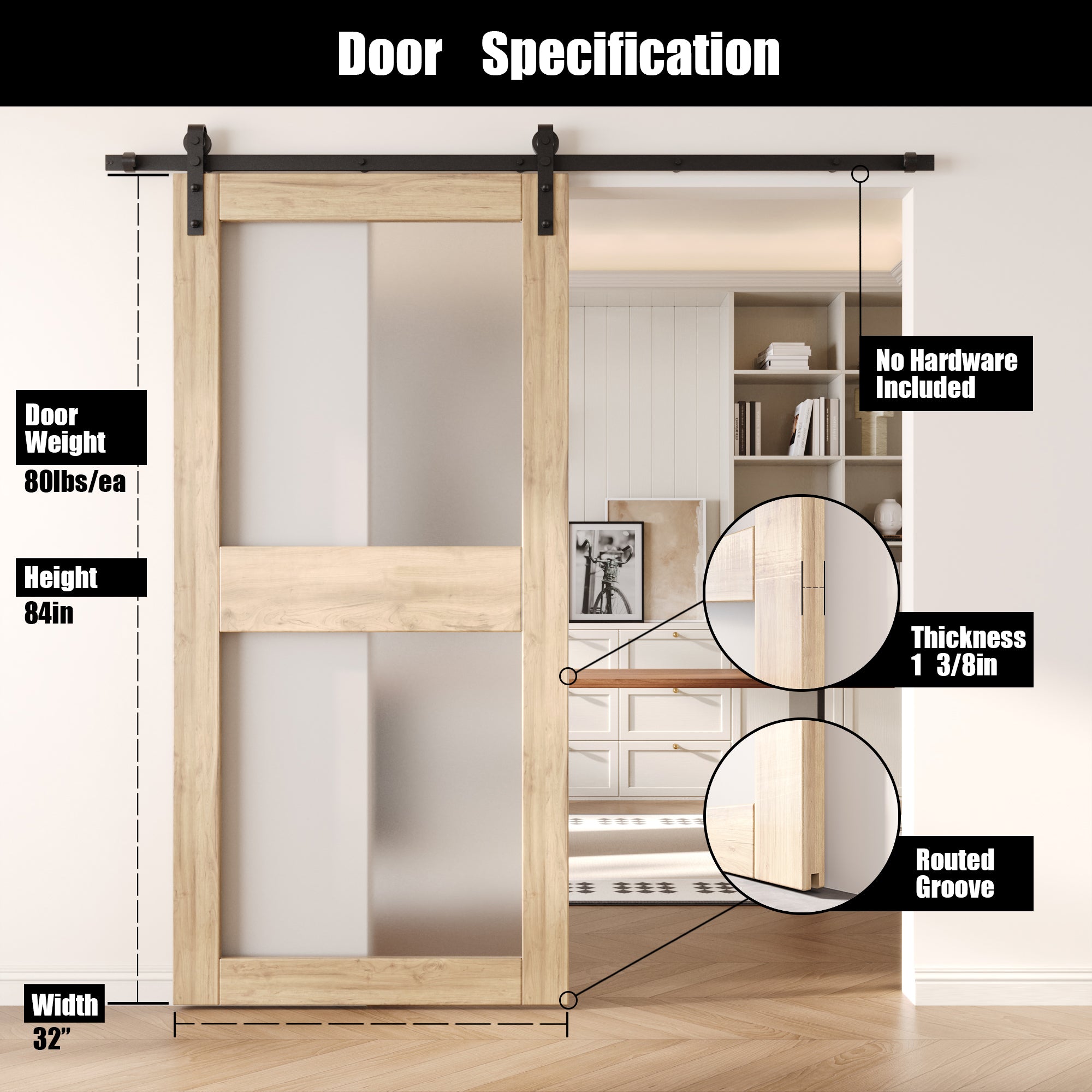 84" Height 2-Lite Frosted Glass Unassembled & Unfinished Pine Wood Barn Door (Interior Use Only)