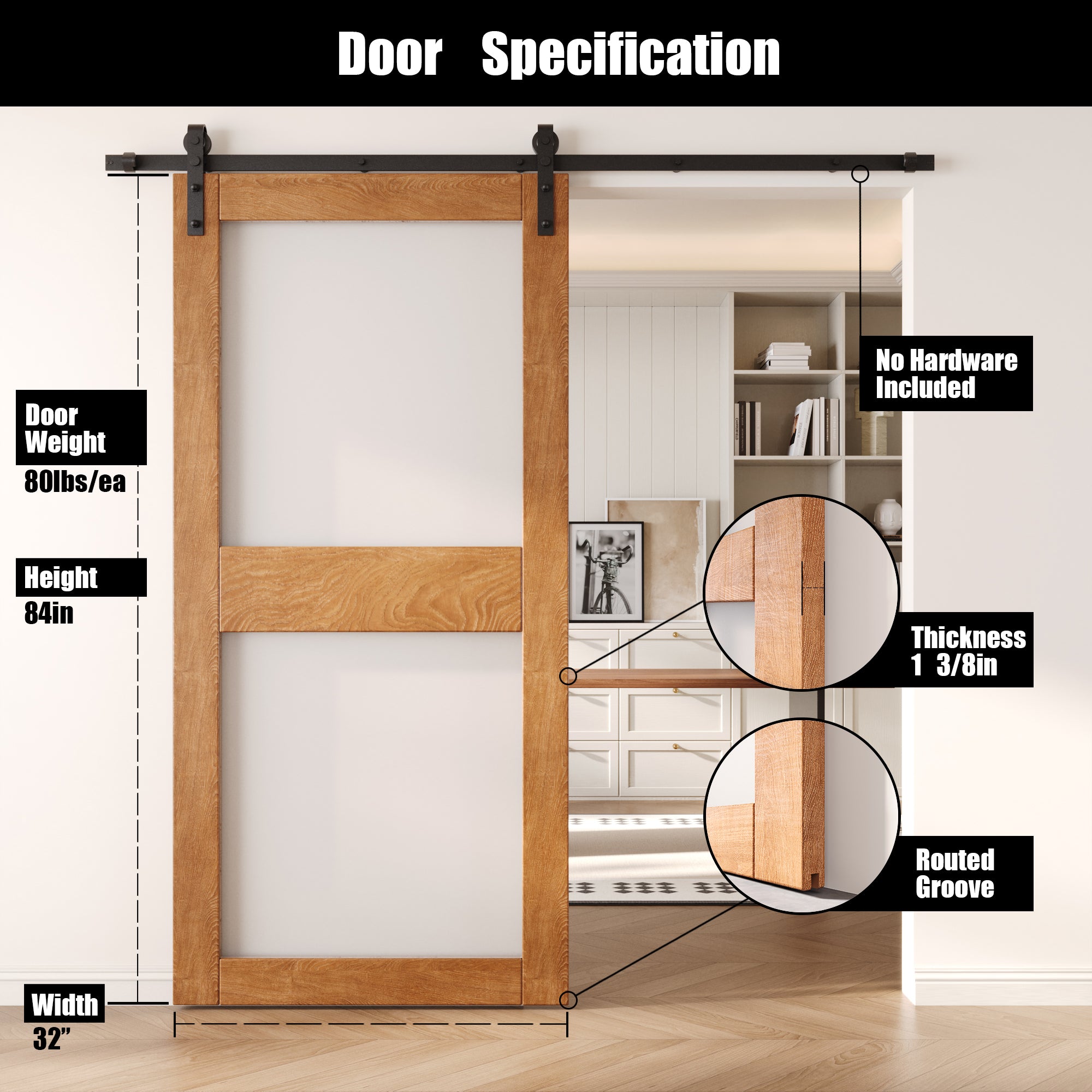 84" Height Early American 2-Lite Frosted Glass Unassembled & Finished Pine Wood Barn Door (Interior Use Only)