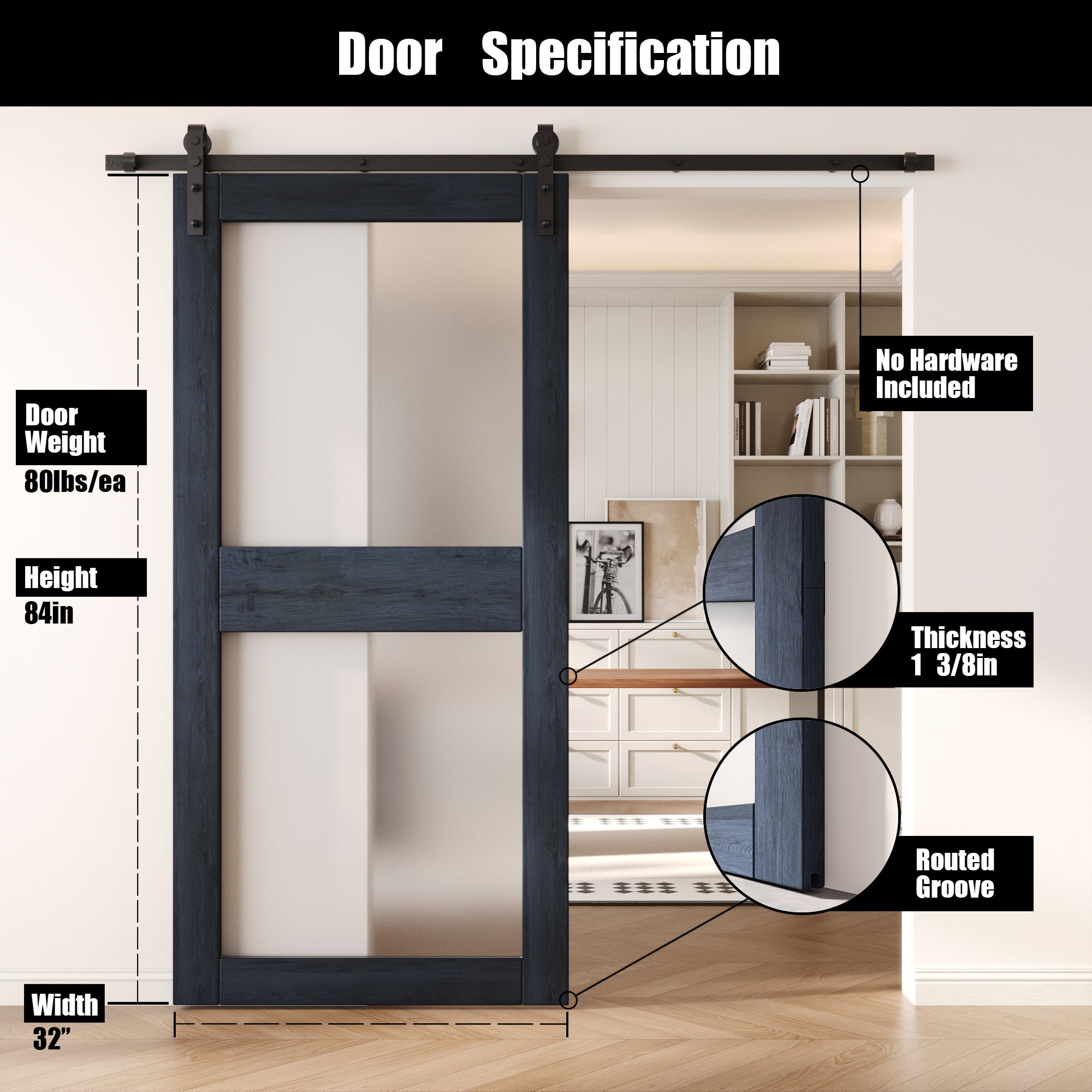 84" Height Navy 2-Lite Frosted Glass Unassembled & Finished Pine Wood Barn Door (Interior Use Only)