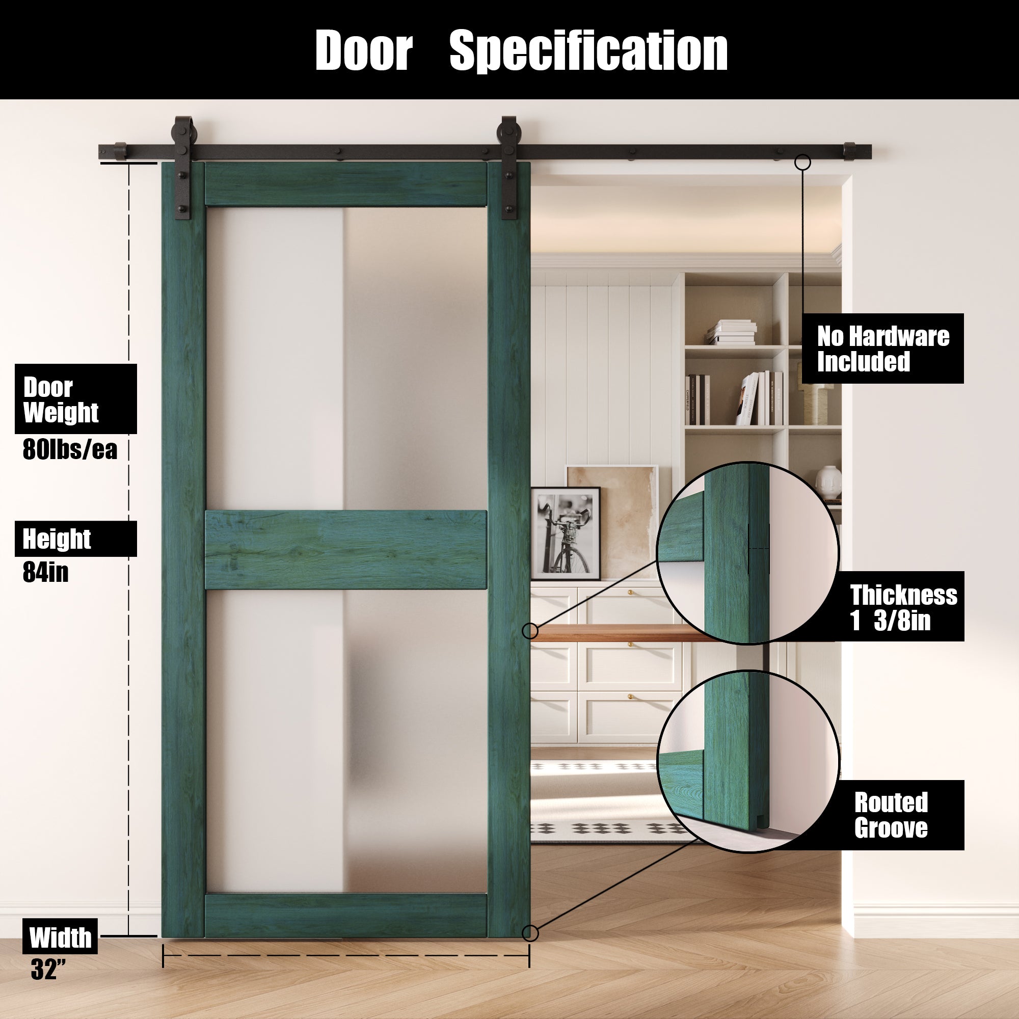 84" Height Royal Pine 2-Lite Frosted Glass Unassembled & Finished Pine Wood Barn Door (Interior Use Only)