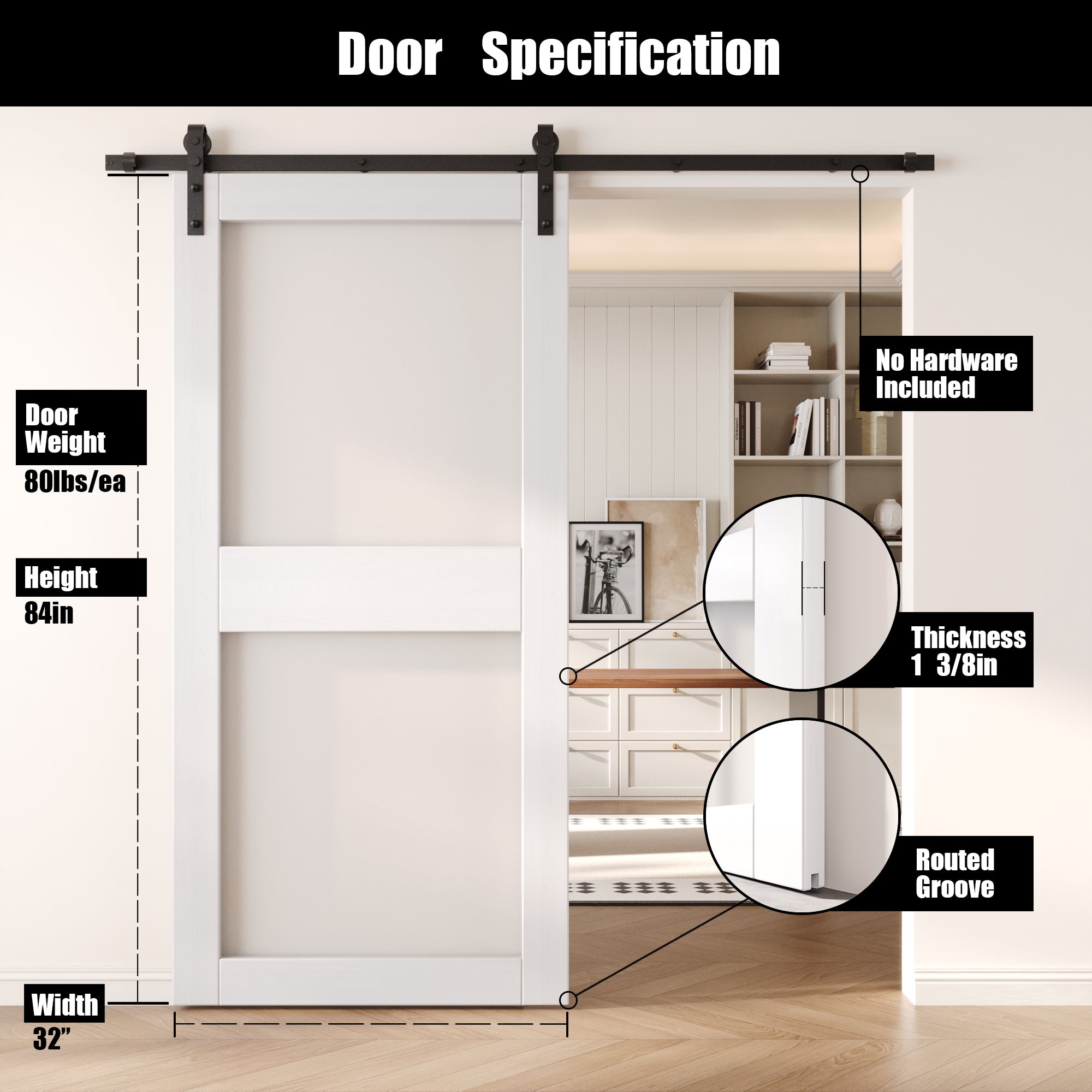 84" Height White 2-Lite Frosted Glass Unassembled & Finished Pine Wood Barn Door (Interior Use Only)