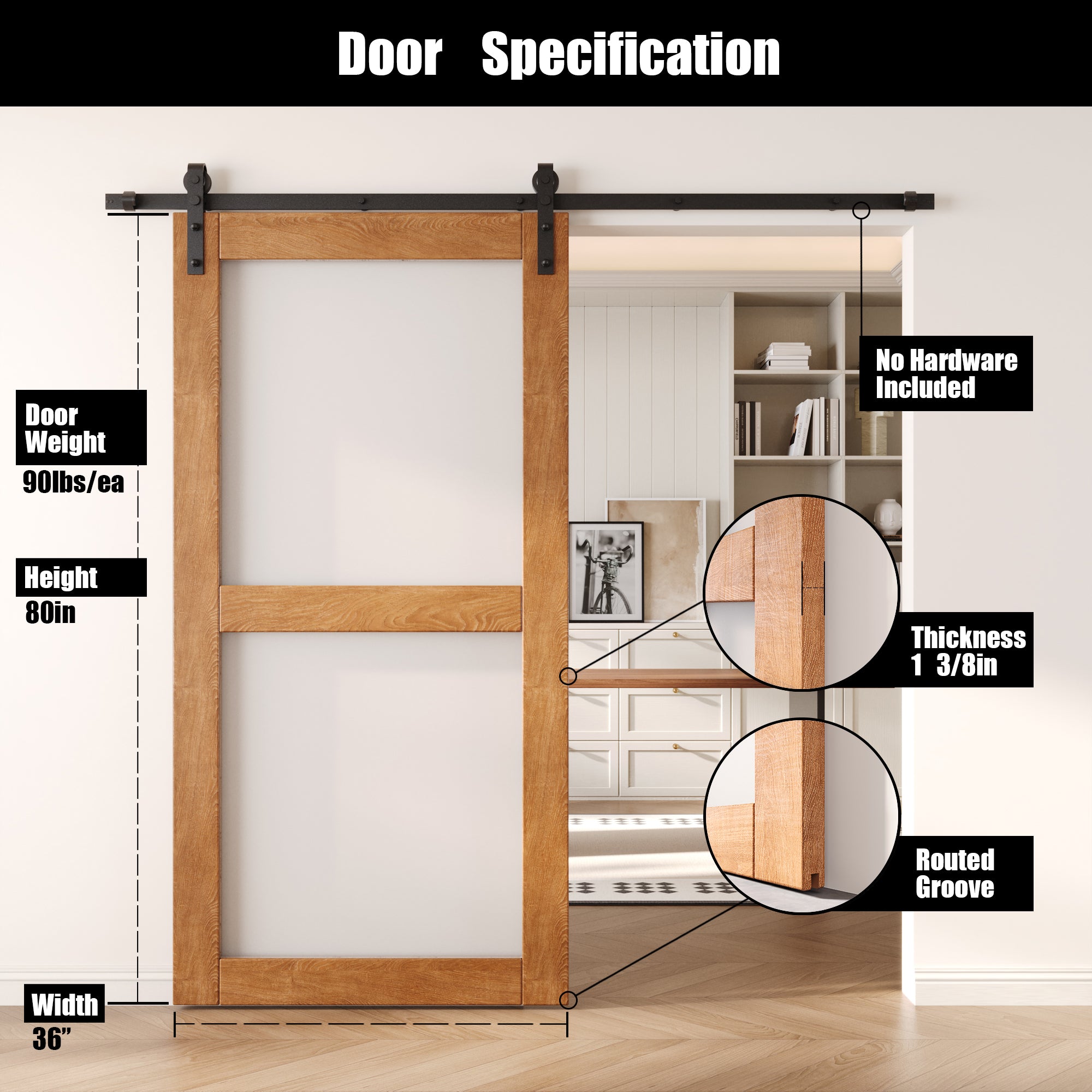 80" Height Early American 2-Lite Frosted Glass Unassembled & Finished Pine Wood Barn Door (Interior Use Only)
