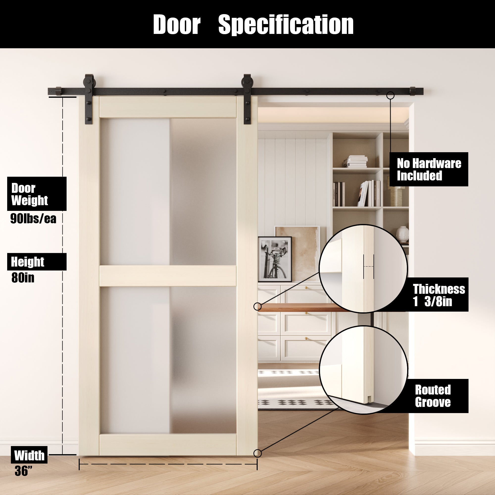 80" Height Tinsmith Gray 2-Lite Frosted Glass Unassembled & Finished Pine Wood Barn Door (Interior Use Only)