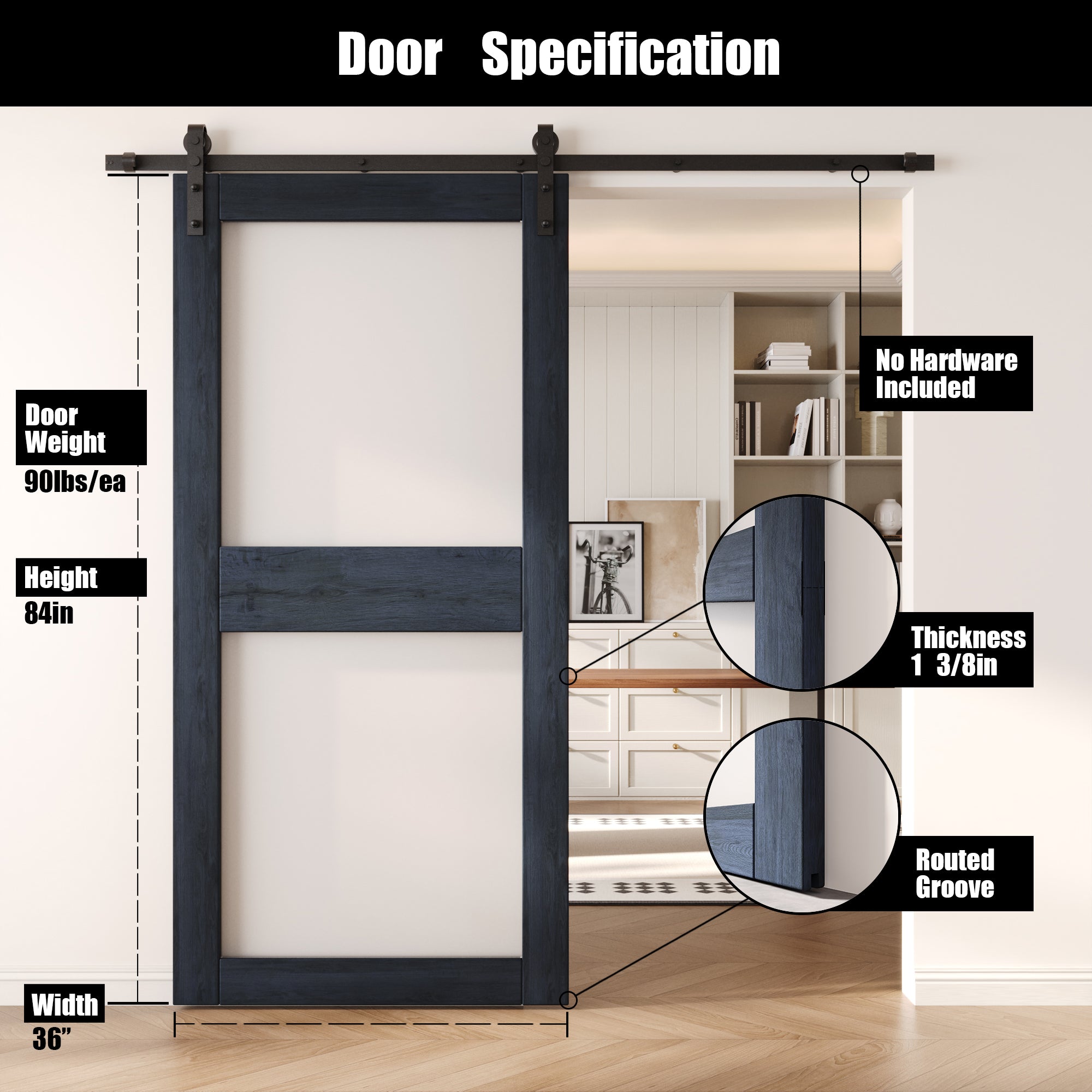 84" Height Navy 2-Lite Frosted Glass Unassembled & Finished Pine Wood Barn Door (Interior Use Only)