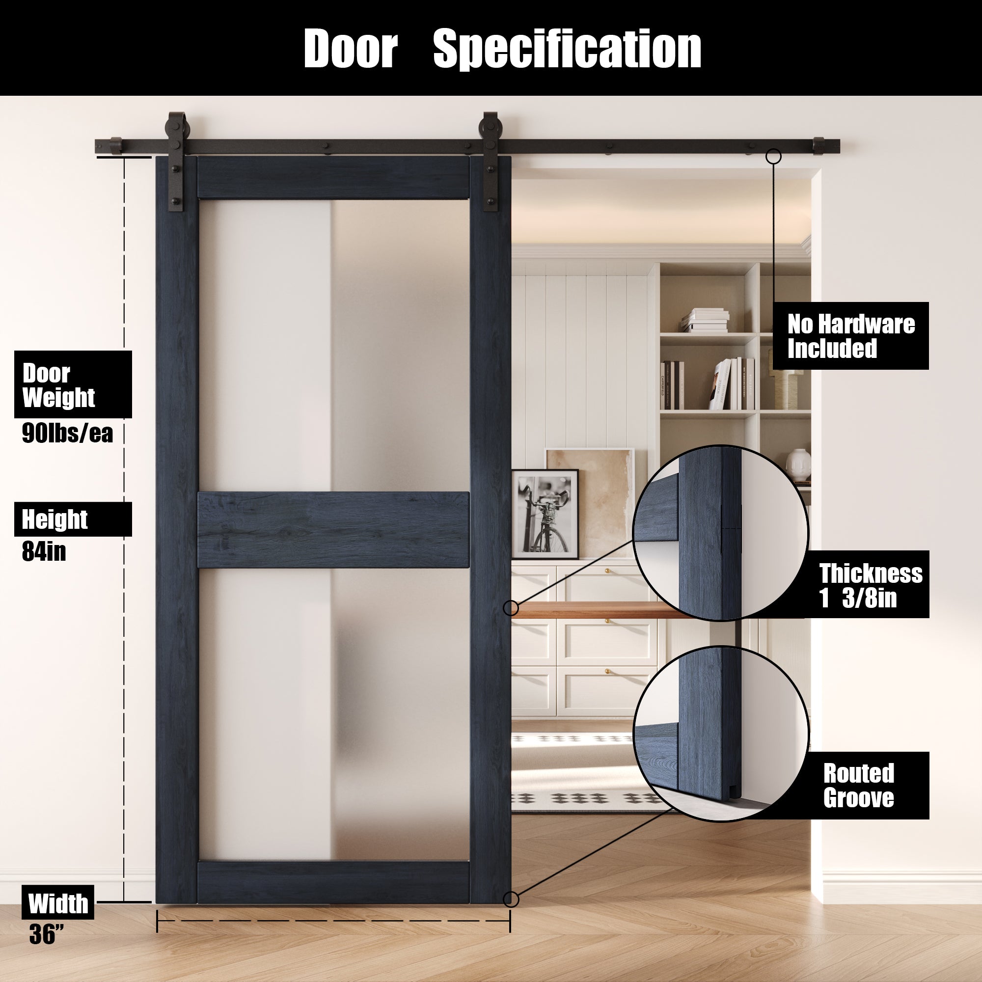 84" Height Navy 2-Lite Frosted Glass Unassembled & Finished Pine Wood Barn Door (Interior Use Only)