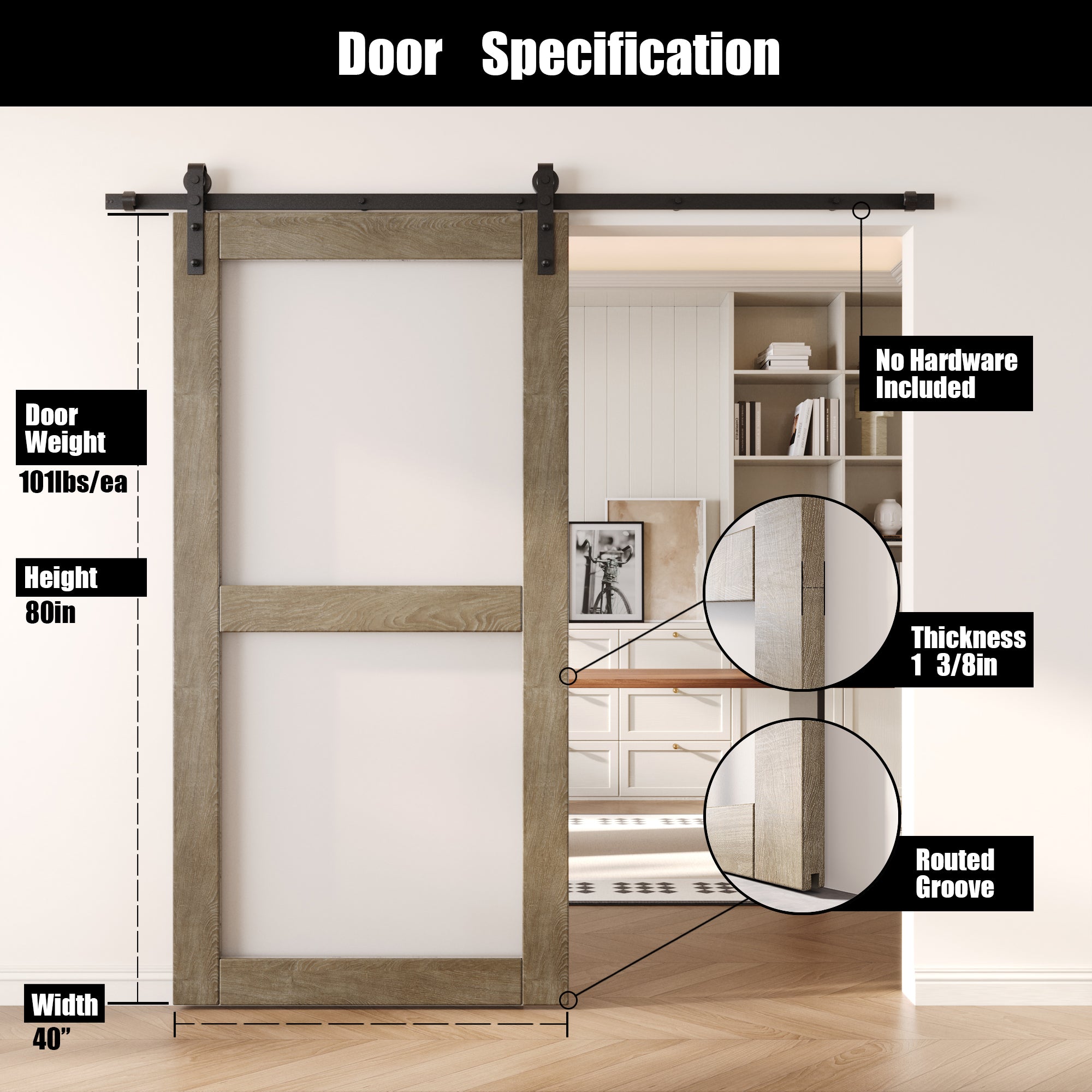 80" Height Classic Gray 2-Lite Frosted Glass Unassembled & Finished Pine Wood Barn Door (Interior Use Only)