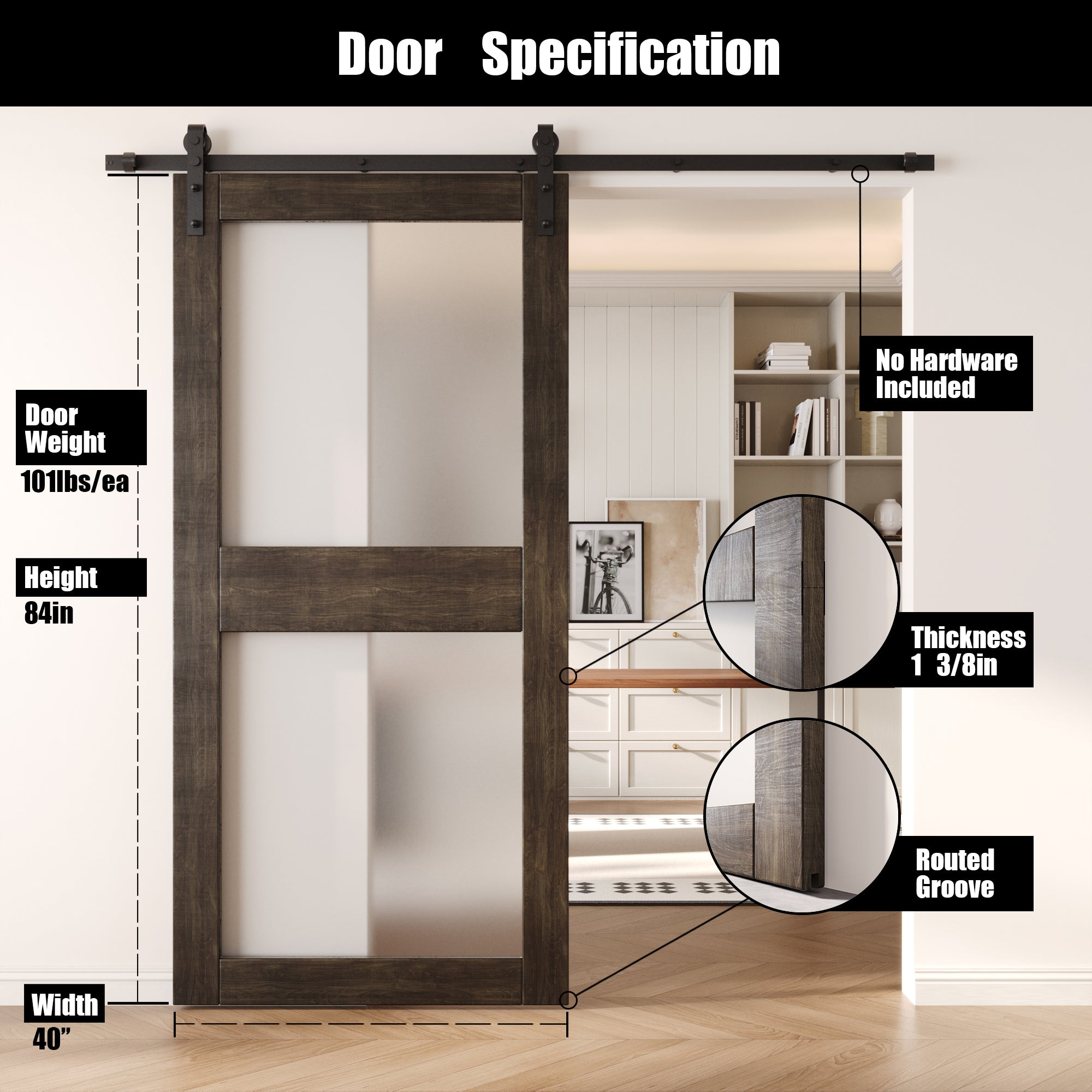 84" Height Ebony 2-Lite Frosted Glass Unassembled & Finished Pine Wood Barn Door (Interior Use Only)