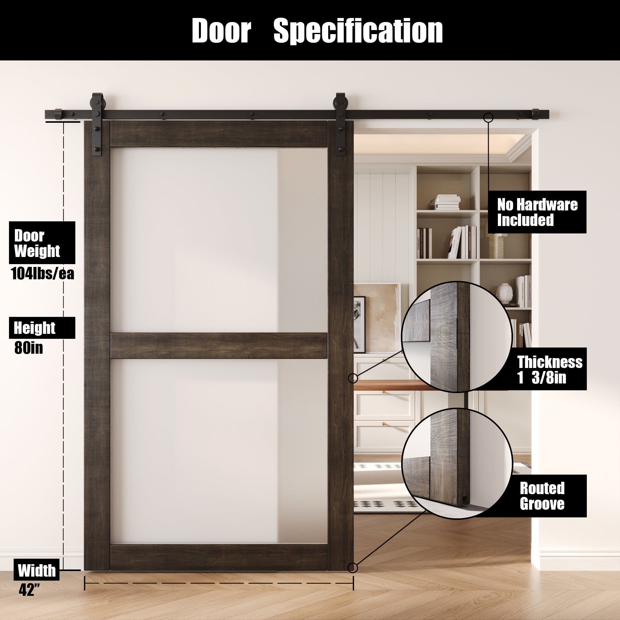 80" Height Ebony 2-Lite Frosted Glass Unassembled & Finished Pine Wood Barn Door (Interior Use Only)