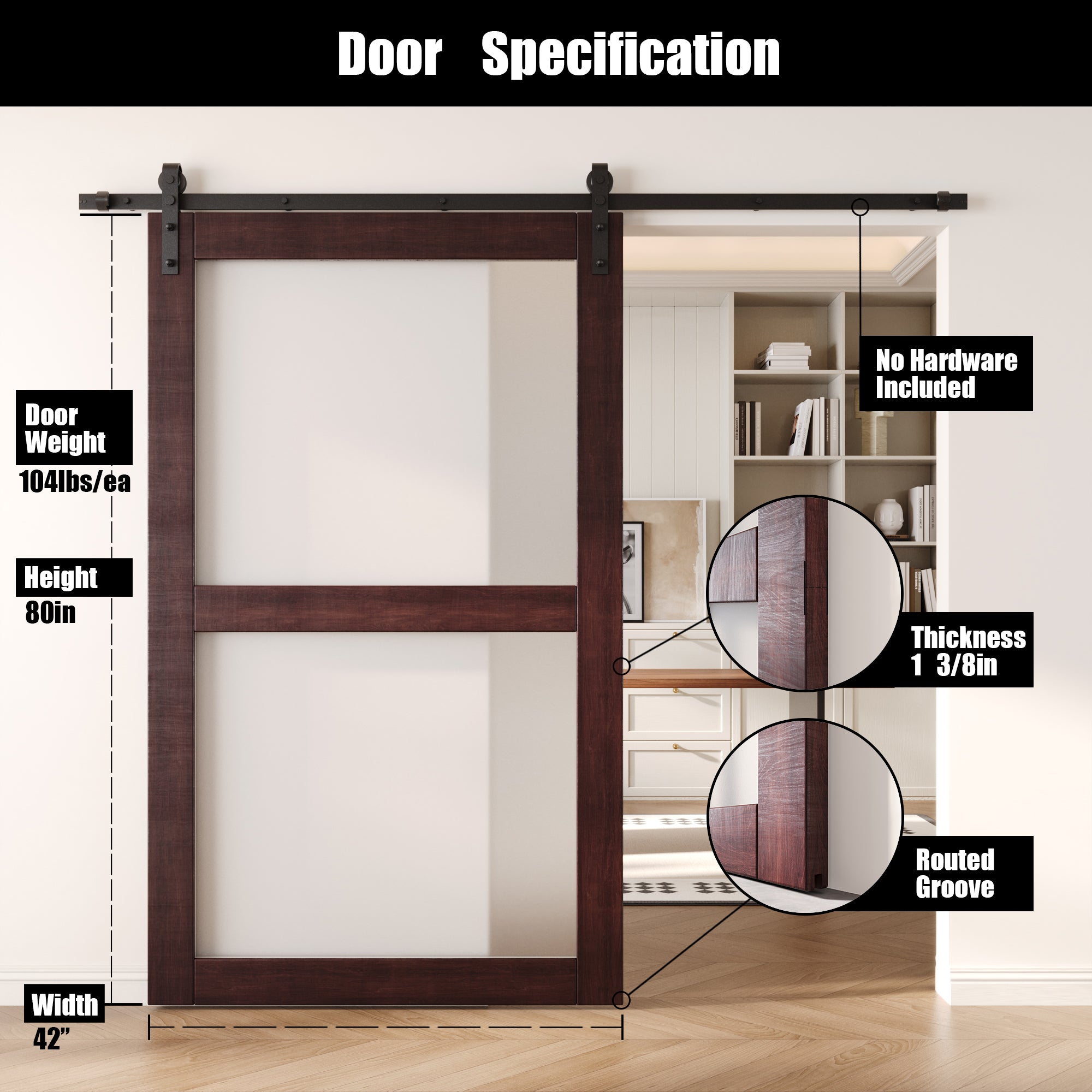 80" Height Red Mahogany 2-Lite Frosted Glass Unassembled & Finished Pine Wood Barn Door (Interior Use Only)