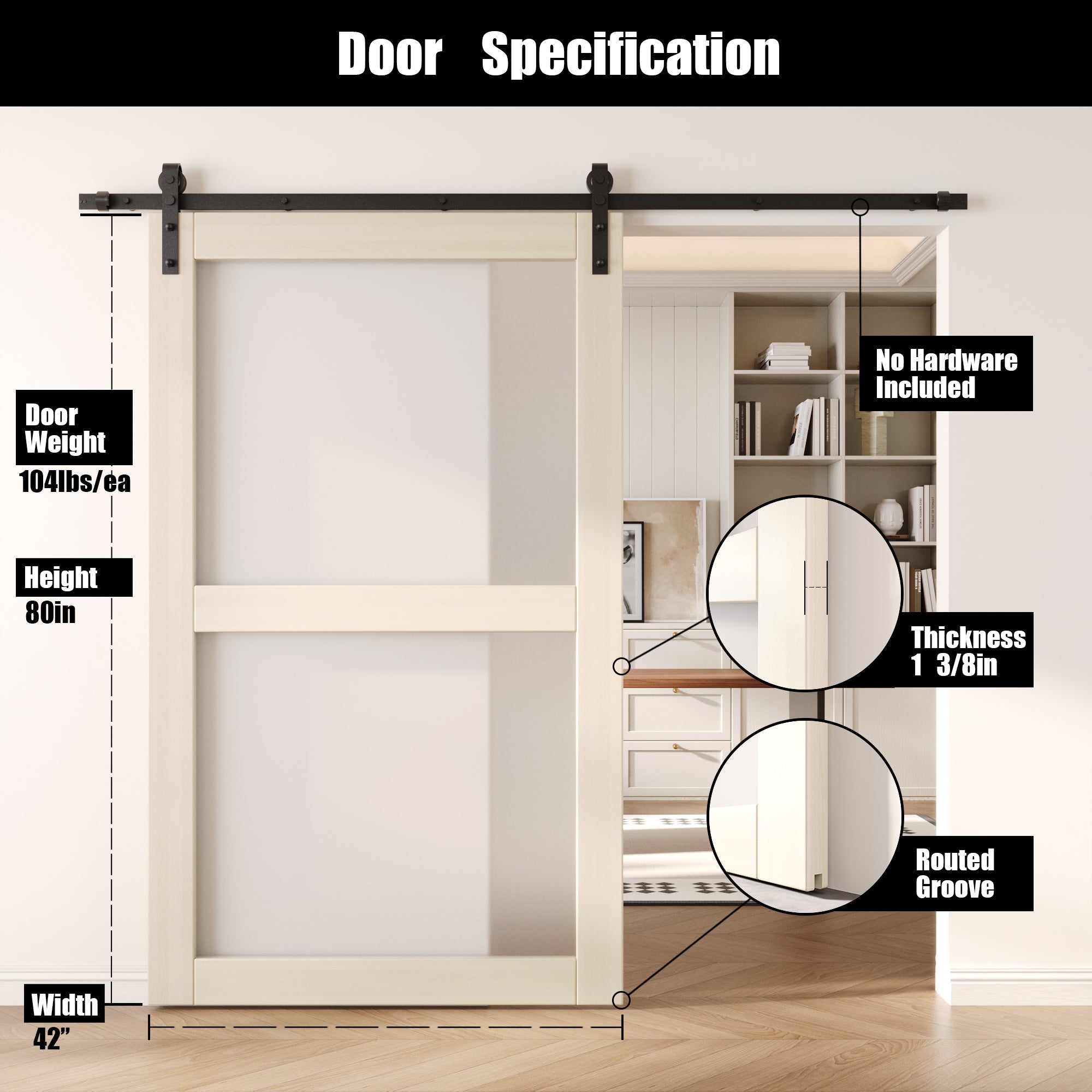 80" Height Tinsmith Gray 2-Lite Frosted Glass Unassembled & Finished Pine Wood Barn Door (Interior Use Only)