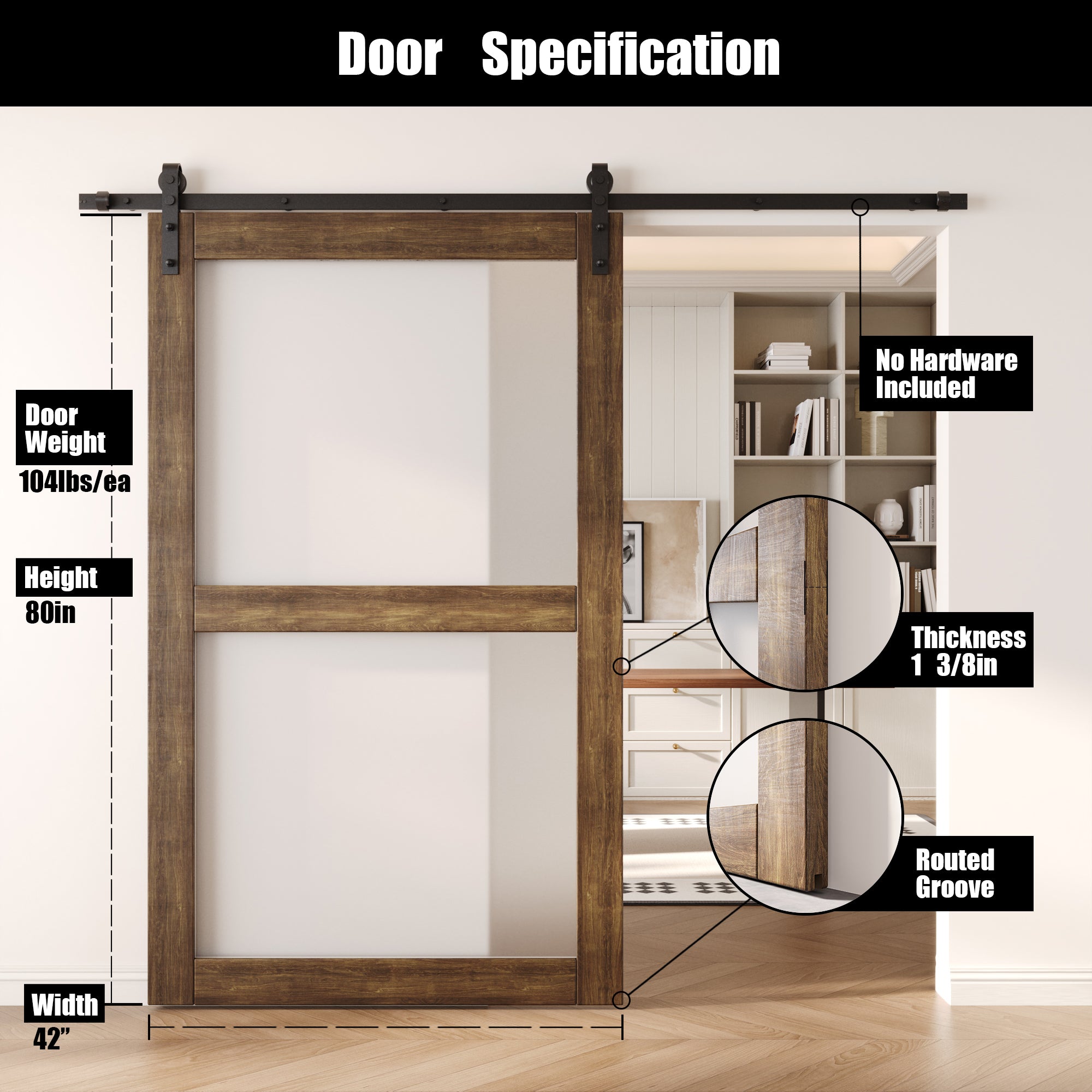 80" Height Dark Walnut 2-Lite Frosted Glass Unassembled & Finished Pine Wood Barn Door (Interior Use Only)