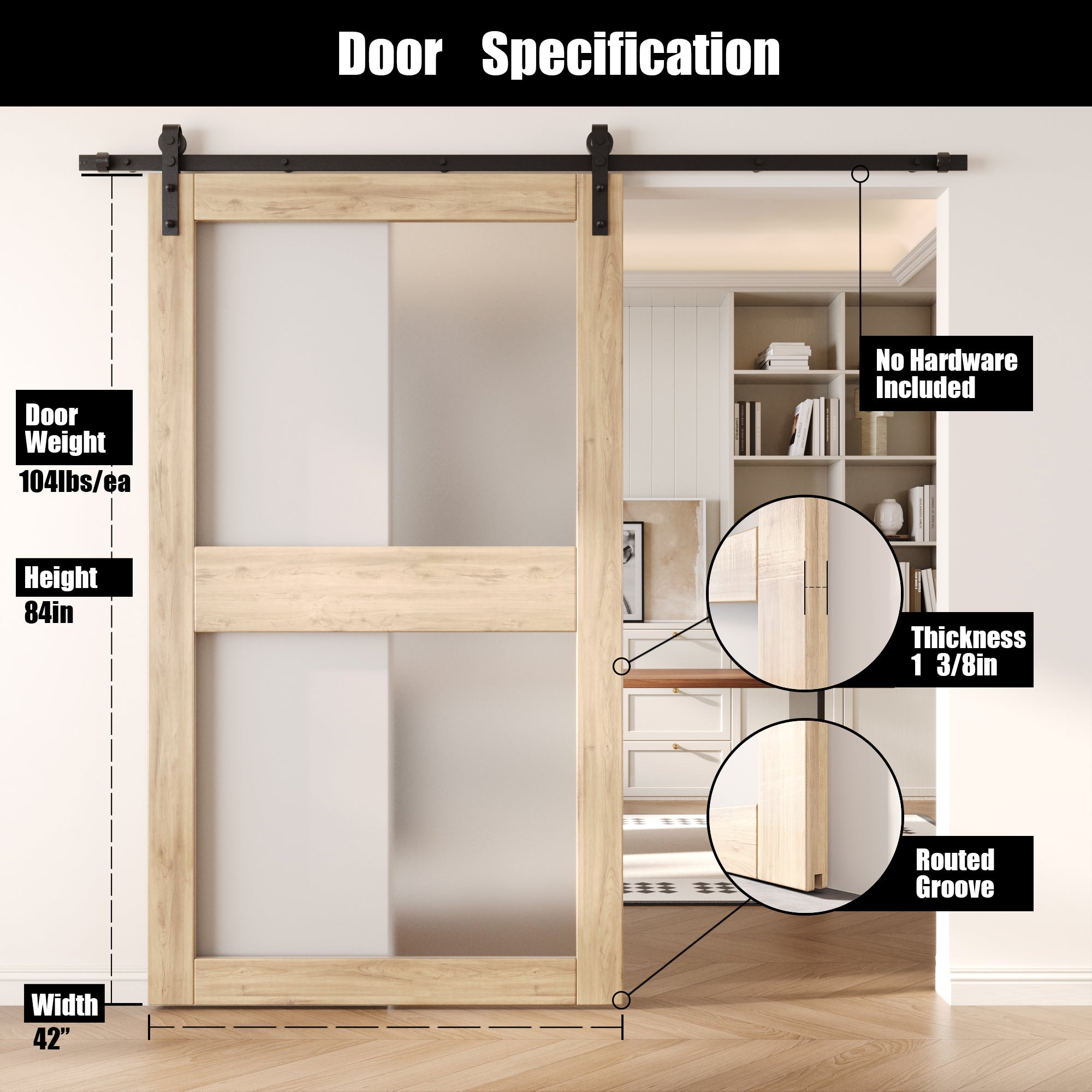 84" Height 2-Lite Frosted Glass Unassembled & Unfinished Pine Wood Barn Door (Interior Use Only)