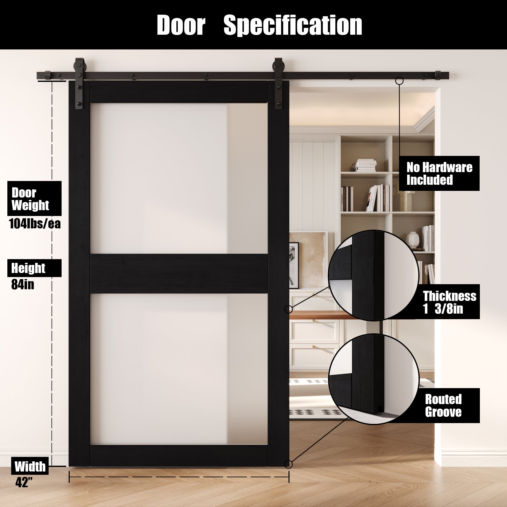 84" Height Black 2-Lite Frosted Glass Unassembled & Finished Pine Wood Barn Door (Interior Use Only)