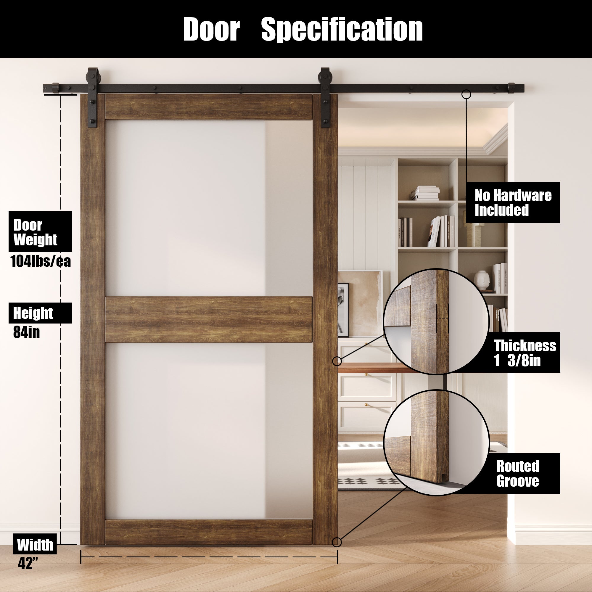 84" Height Dark Walnut 2-Lite Frosted Glass Unassembled & Finished Pine Wood Barn Door (Interior Use Only)